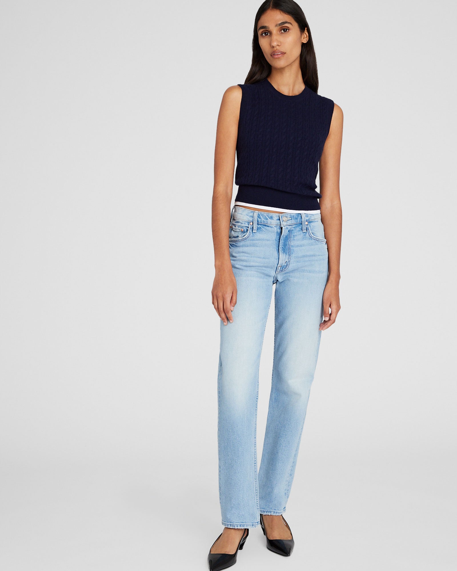 CLUB MONACO - Haut sans manches en cachemire à mini torsades - Marine
