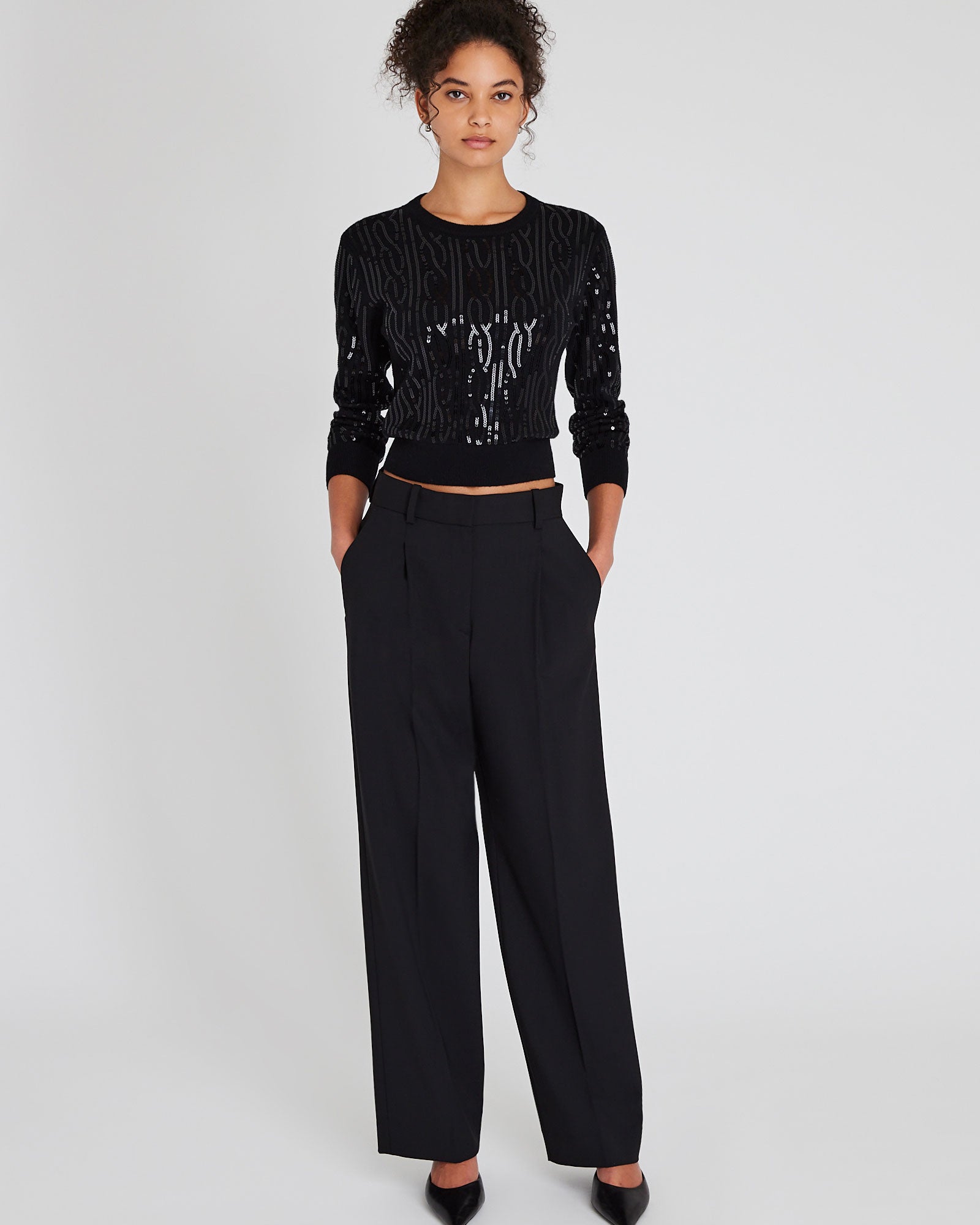 CLUB MONACO - Sequin-Embroidered Shrunken Sweater - Black