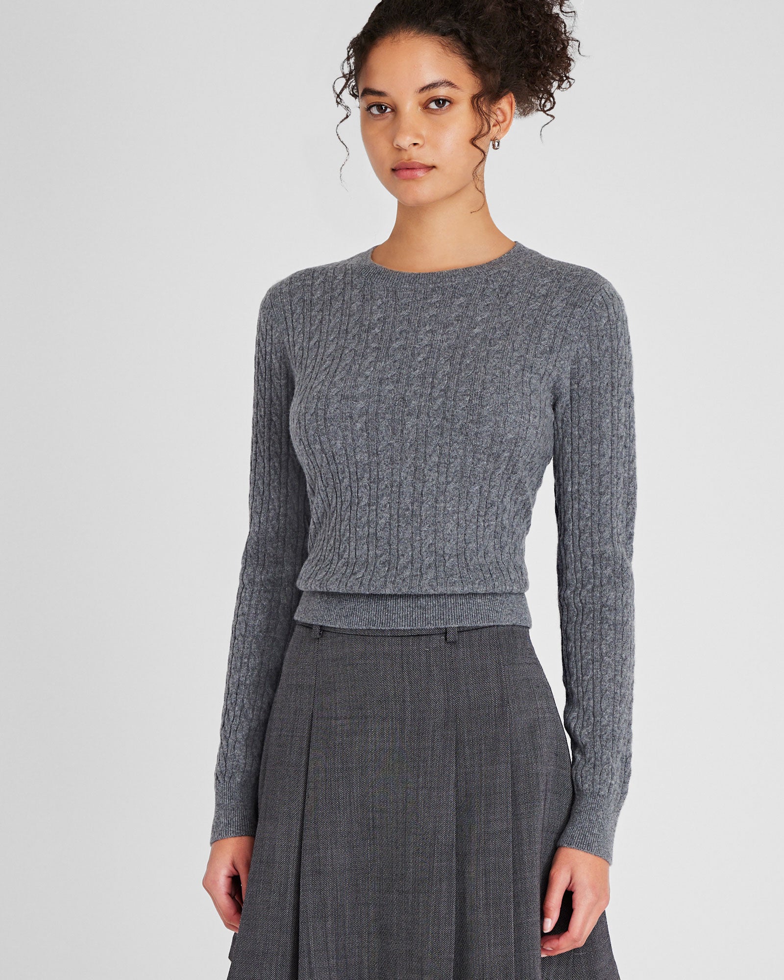 CLUB MONACO - Cashmere Mini-Cable Long-Sleeve Crewneck - Medium Heather Grey