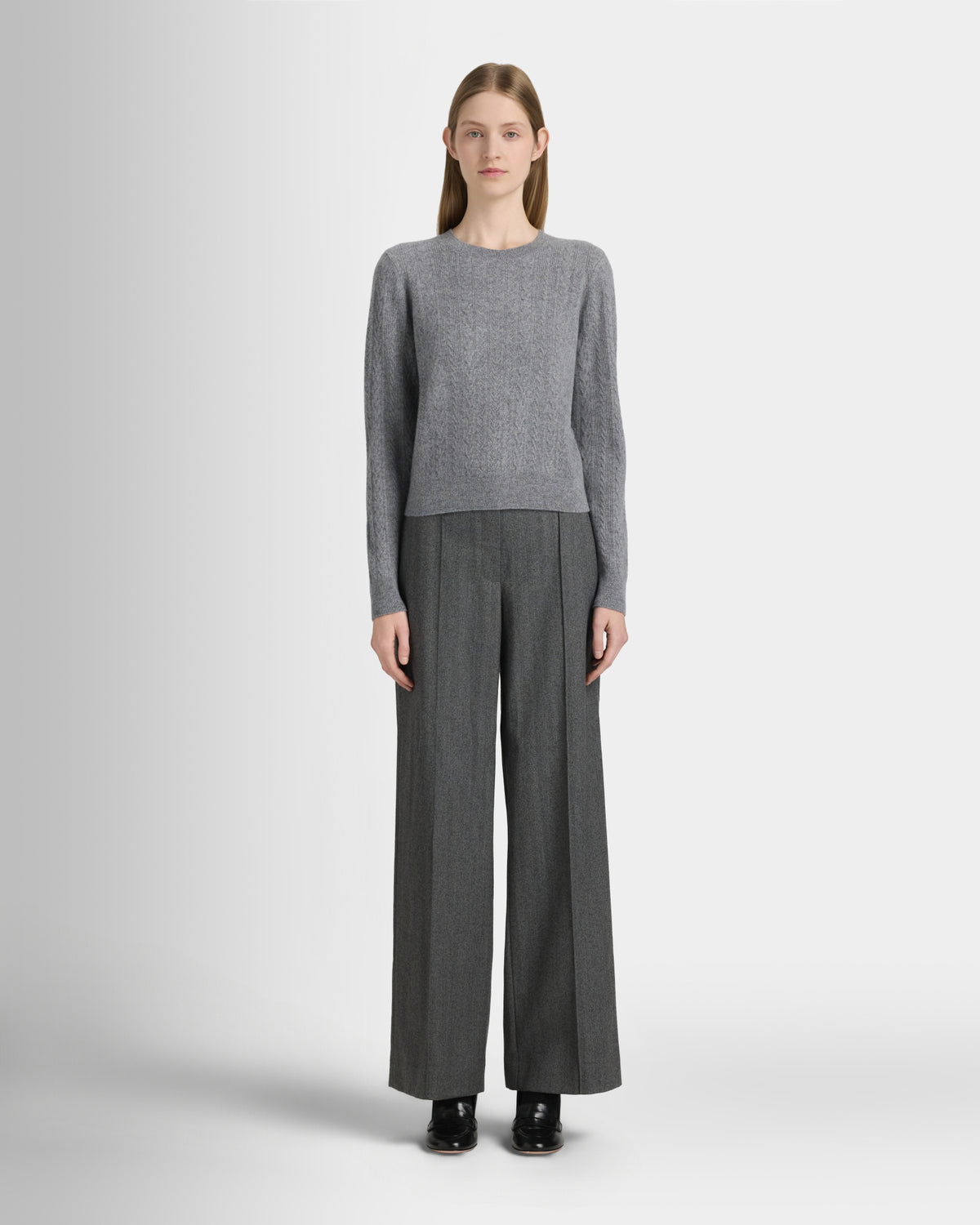 Club Monaco - Cashmere Mini Cable Long Sleeve Crew - Medium Heather Grey