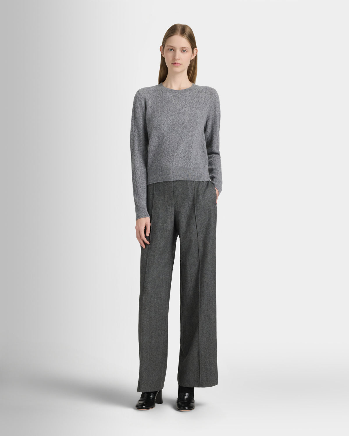 Club Monaco - Cashmere Mini Cable Long Sleeve Crew - Medium Heather Grey