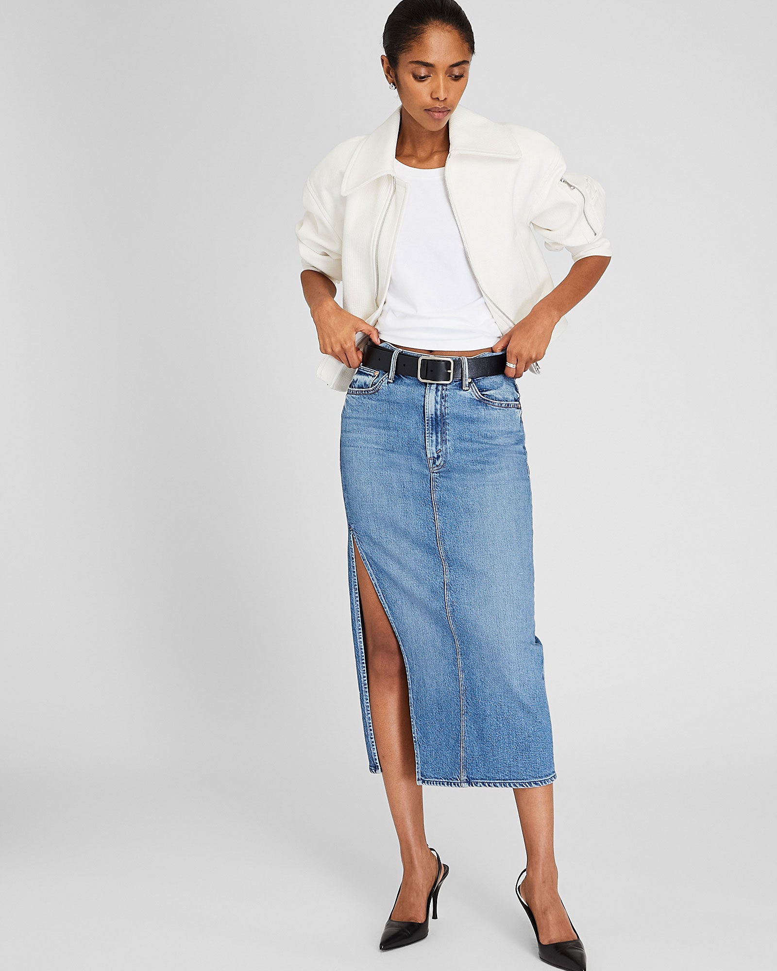 CLUB MONACO - MOTHER The Split Second Denim Midi Skirt - Denim