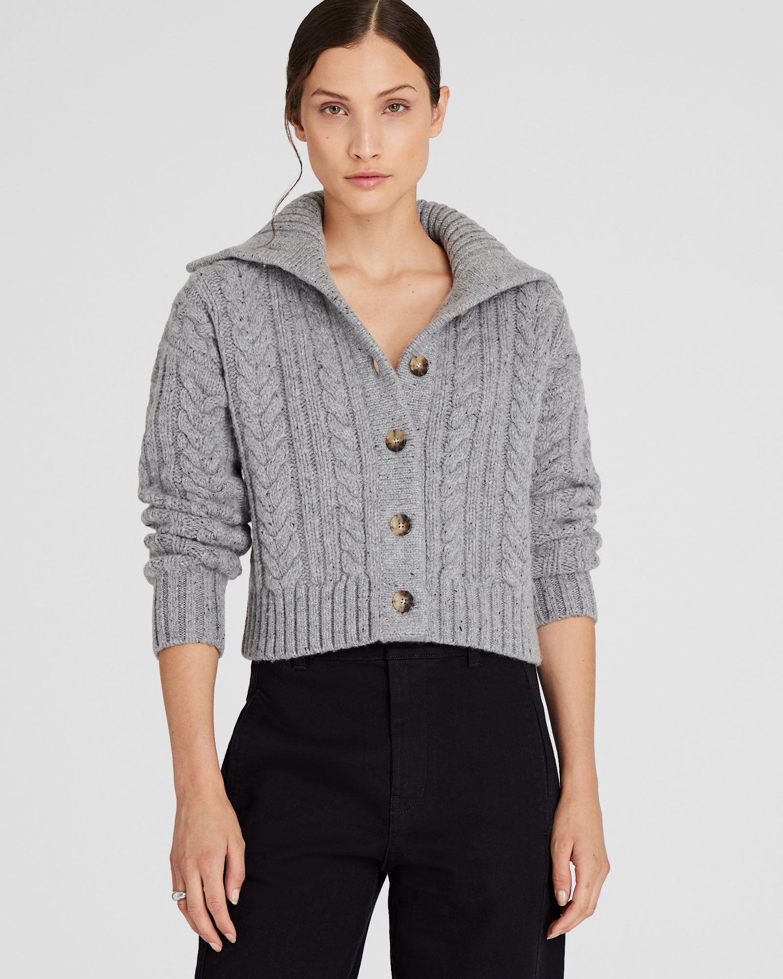 CLUB MONACO - Wool-Blend Cable Knit Cardigan - Grey Mix