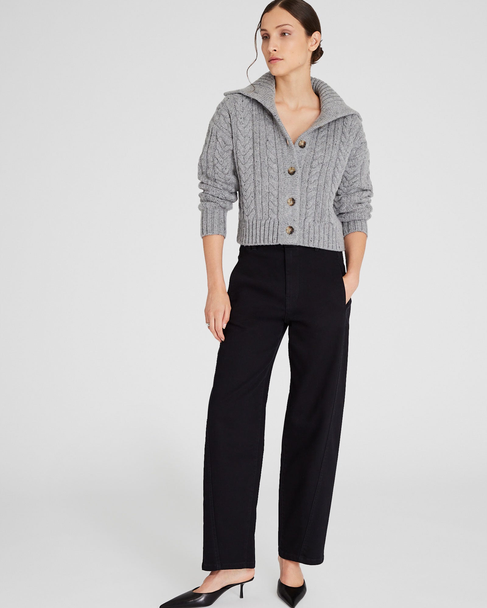 CLUB MONACO - Wool-Blend Cable Knit Cardigan - Grey Mix