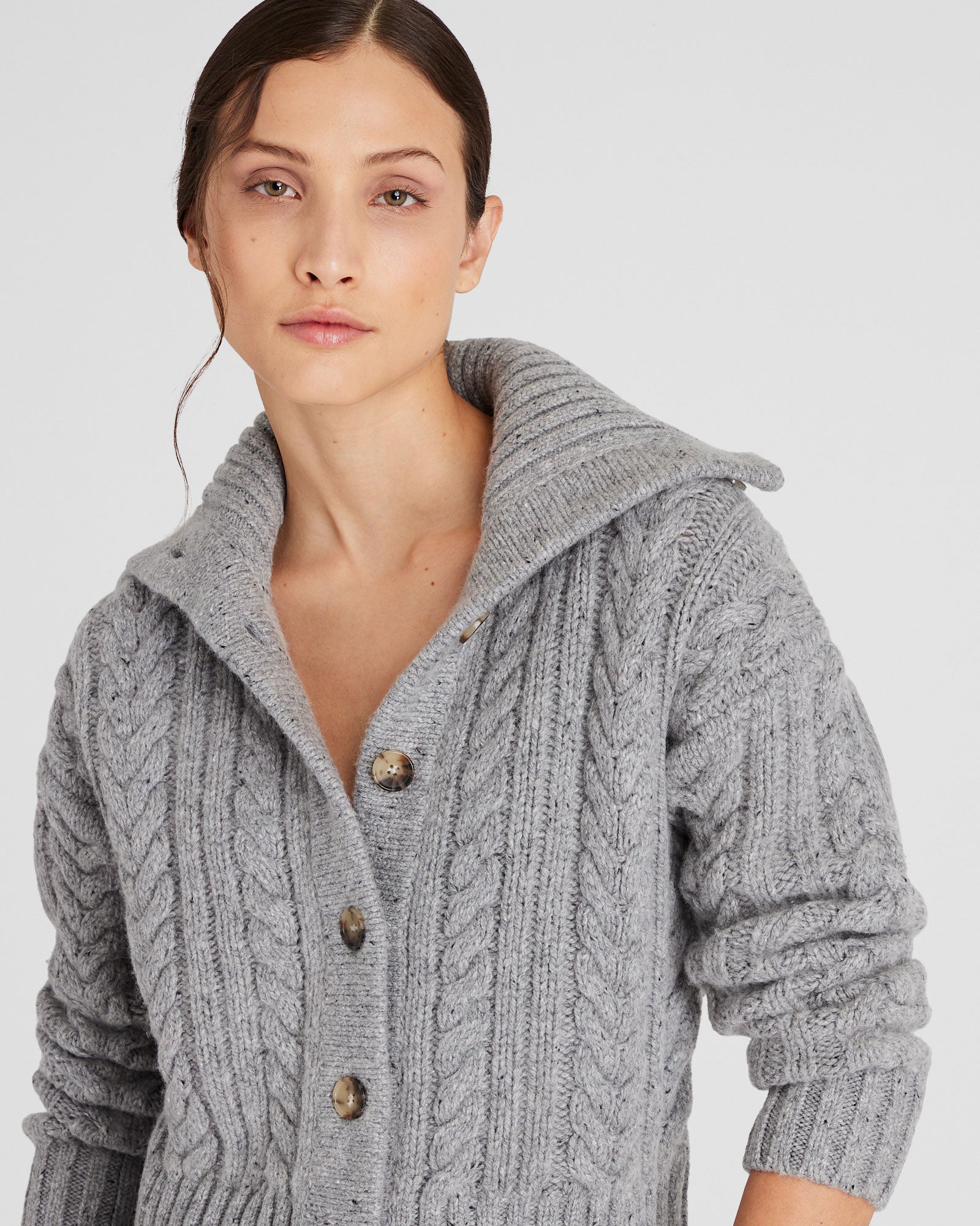 CLUB MONACO - Wool-Blend Cable Knit Cardigan - Grey Mix