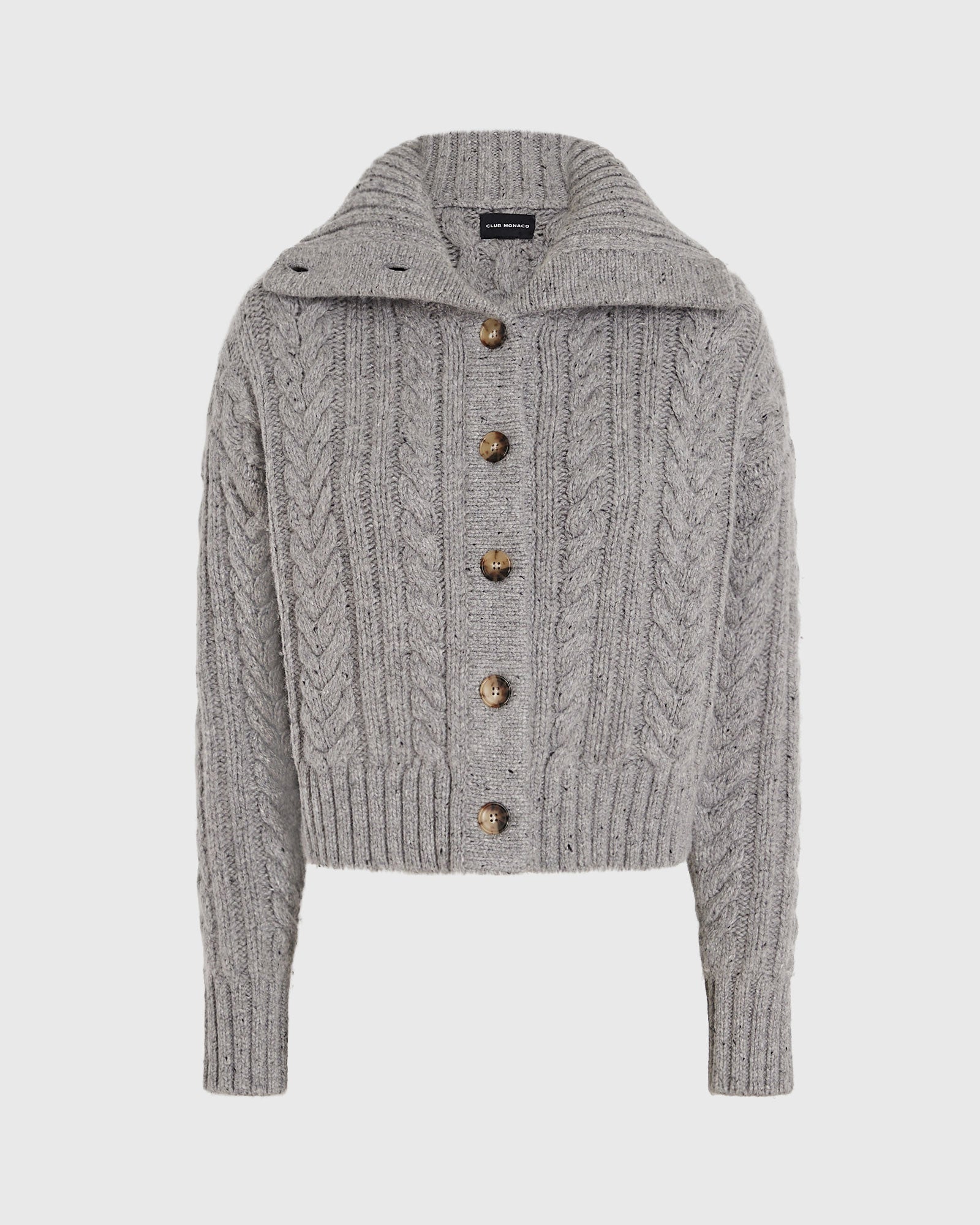 CLUB MONACO - Wool-Blend Cable Knit Cardigan - Grey Mix