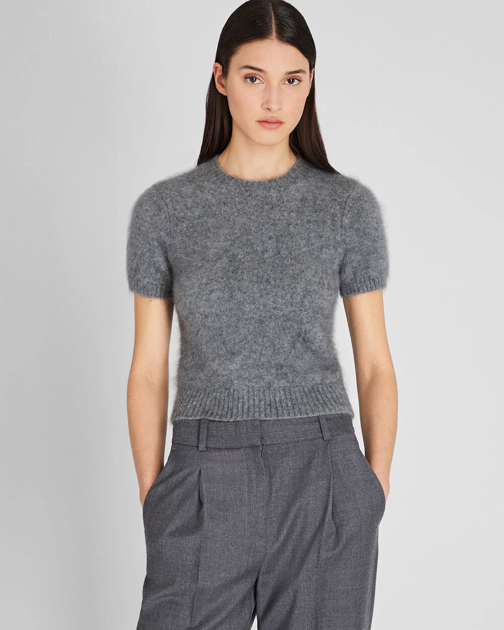 CLUB MONACO - Pull à manches courtes en cachemire brossé - Gris Chiné Moyen
