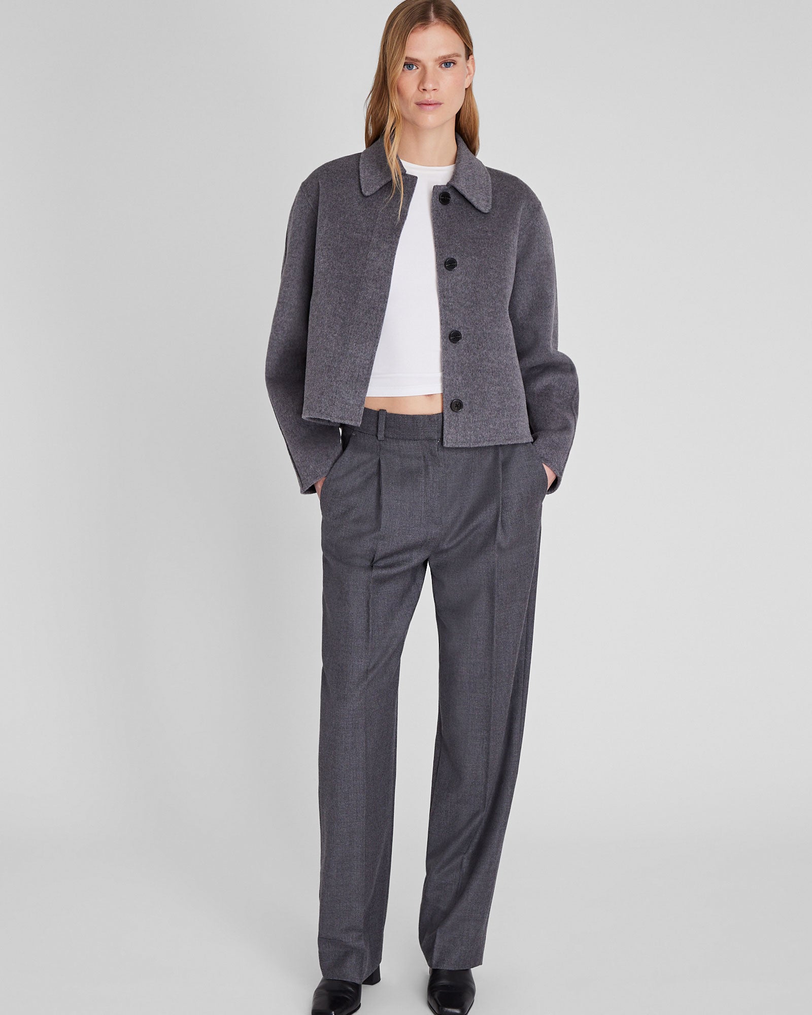 CLUB MONACO - Cropped Double-Faced Wool Blend Jacket - Med Grey Mix