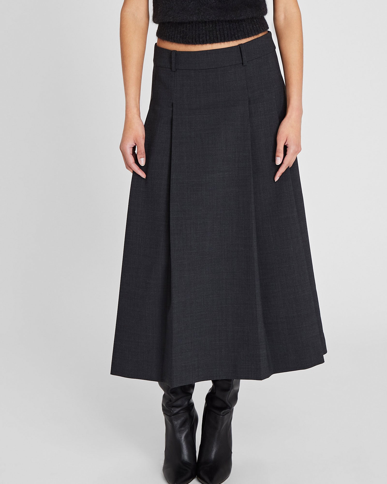 CLUB MONACO - Wool Blend Pleated Midi Skirt - Dark Grey Mix