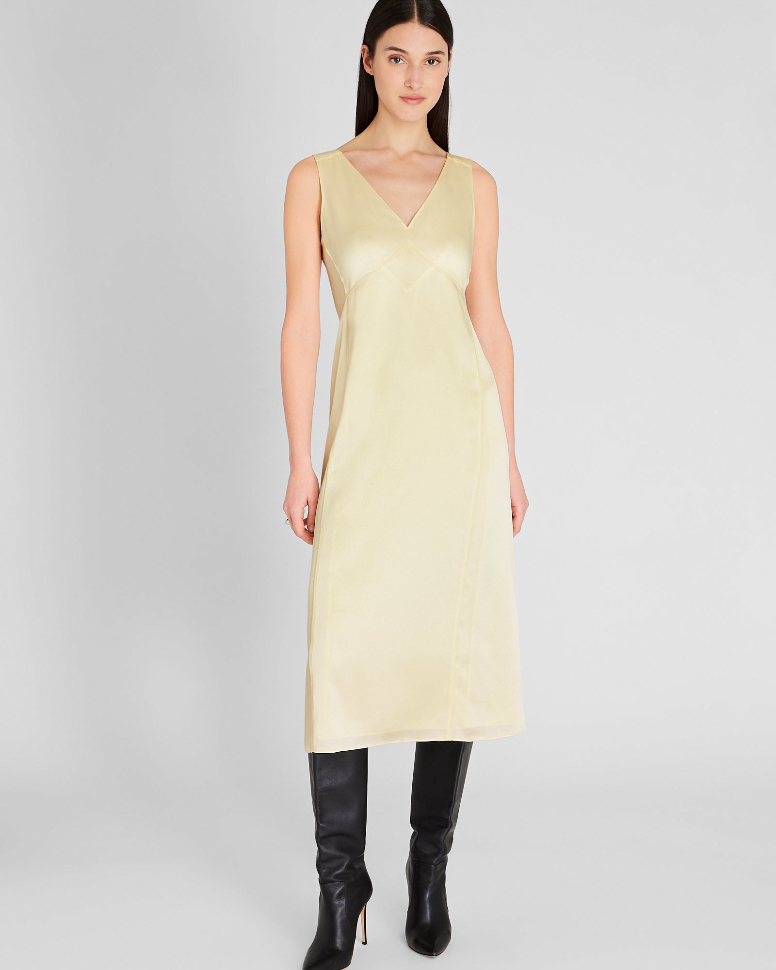 CLUB MONACO - Deconstructed Satin Slip Midi Dress - Pale Yellow