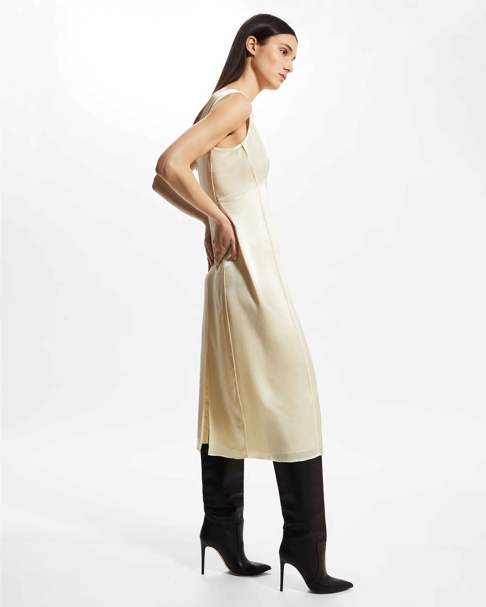 CLUB MONACO - Deconstructed Satin Slip Midi Dress - Pale Yellow