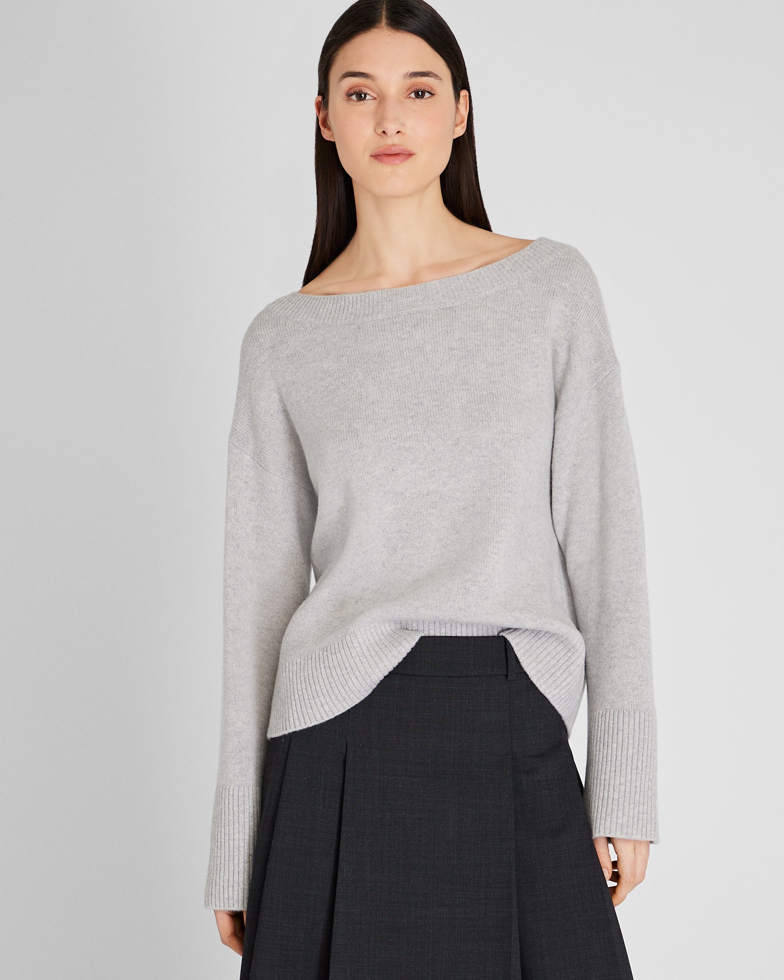 CLUB MONACO - Pull col bateau à manches larges en cachemire - Gris Chiné Clair