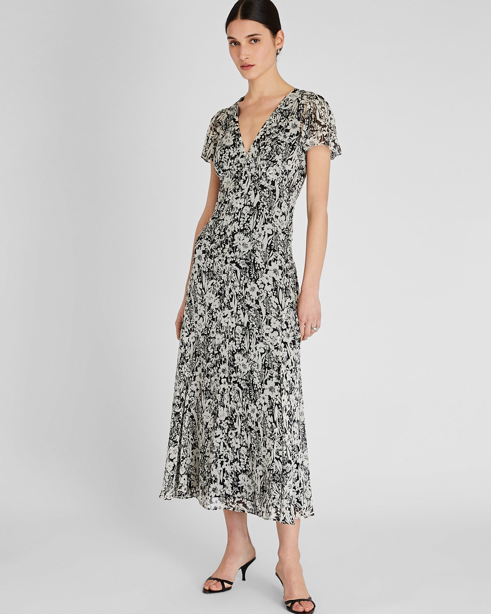 CLUB MONACO - Flutter Sleeve Midi Dress - Grand imprimé noir