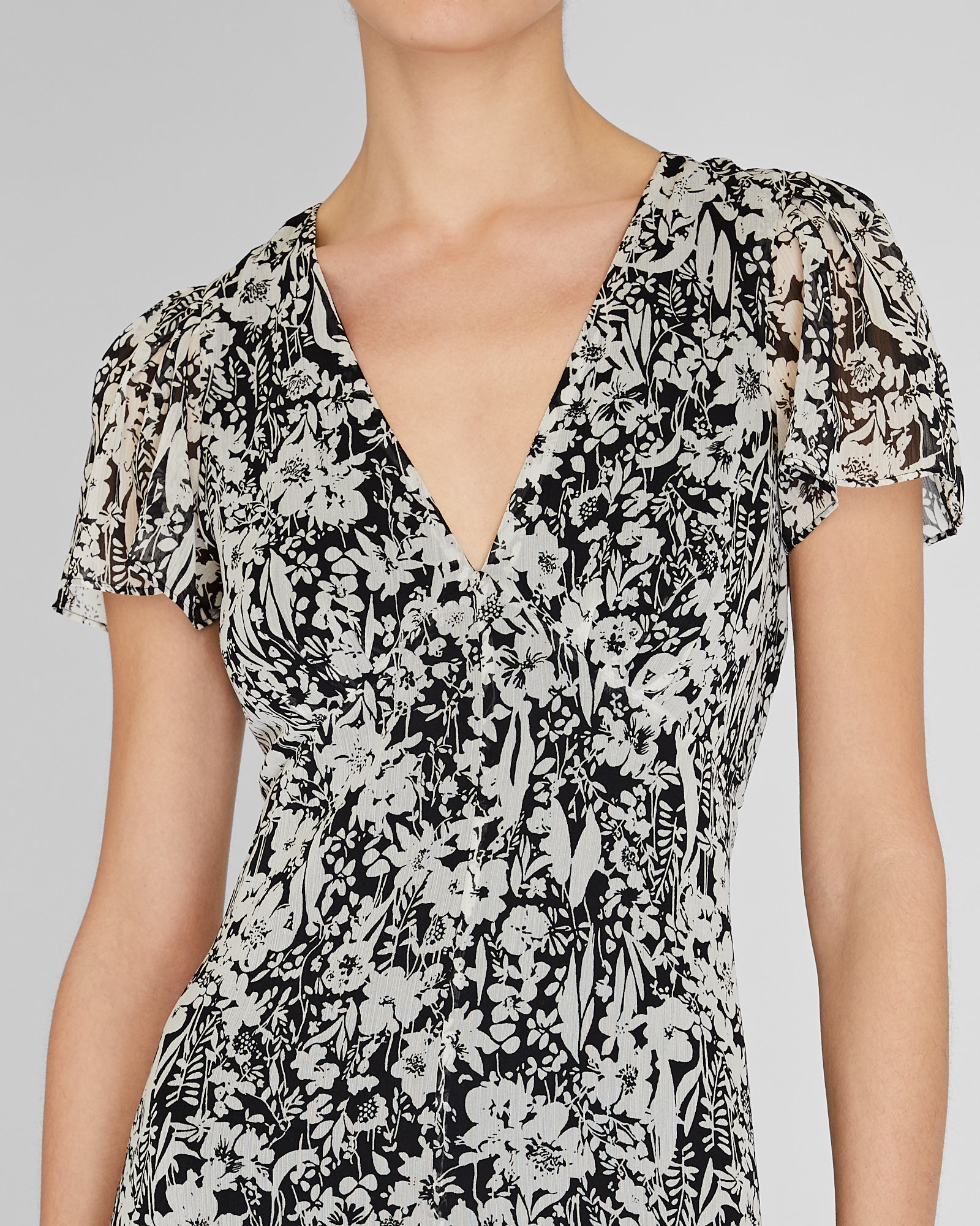 CLUB MONACO - Flutter Sleeve Midi Dress - Grand imprimé noir