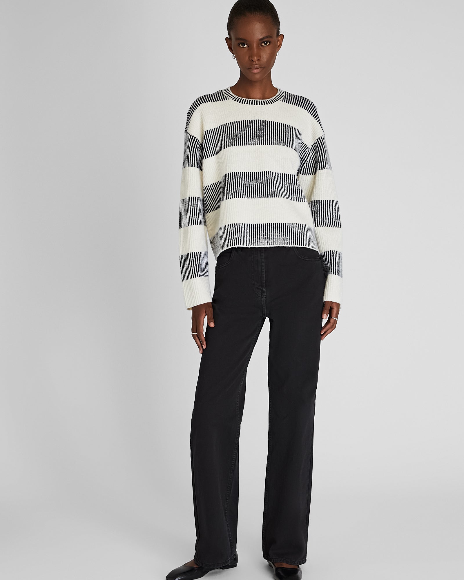 CLUB MONACO - Striped Crewneck Sweater - Cream Pearl