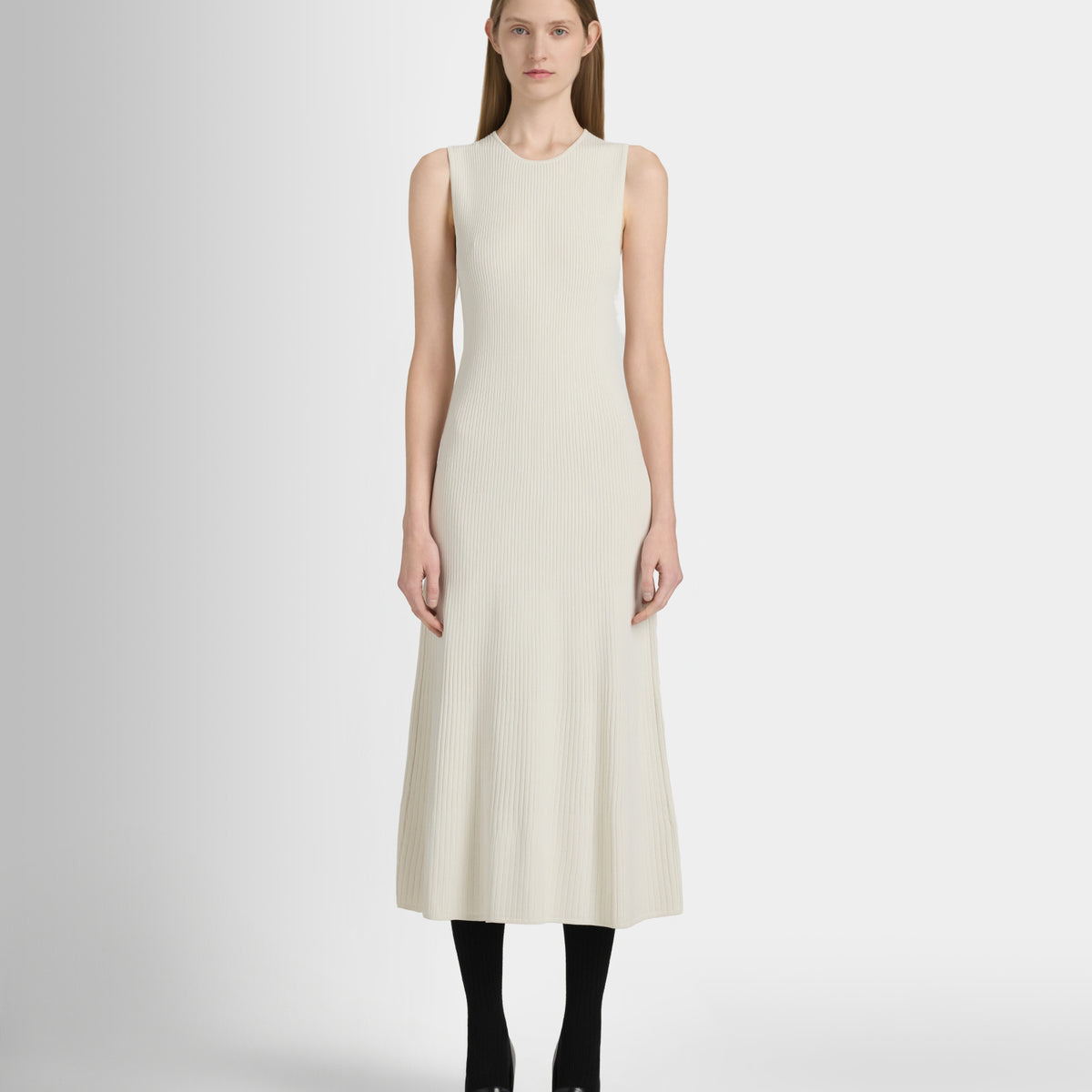 Women's Off White Ribbed Crewneck Midi Dress