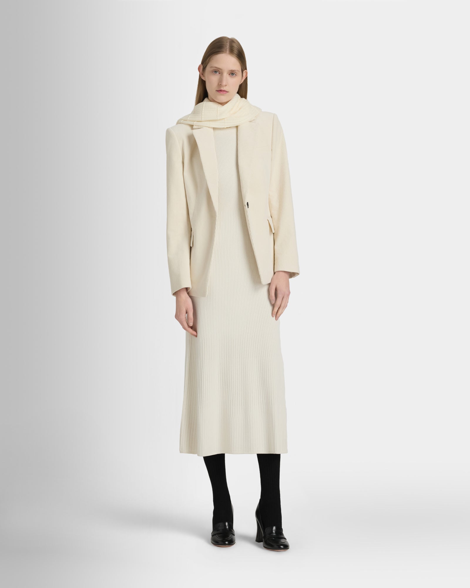 Club Monaco Corp, CA - Robe midi côtelée à col rond - Blanc Cassé