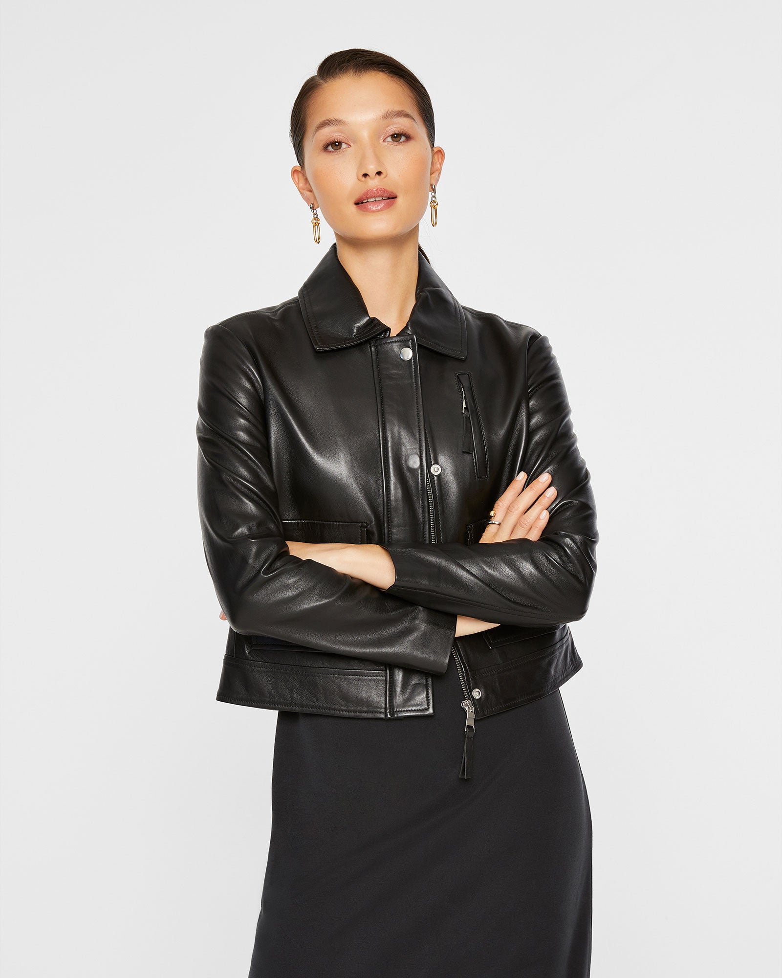 CLUB MONACO - Veste courte en cuir - Noir