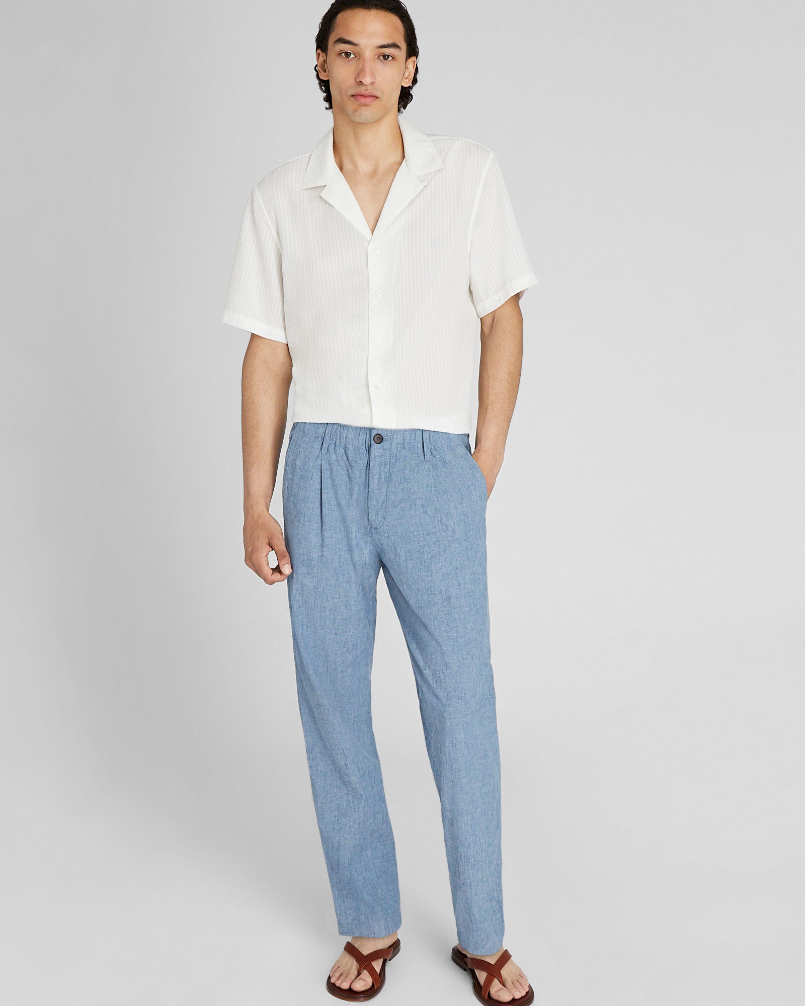 CLUB MONACO - Short Sleeve Camp Collar Seersucker Shirt - Antique White