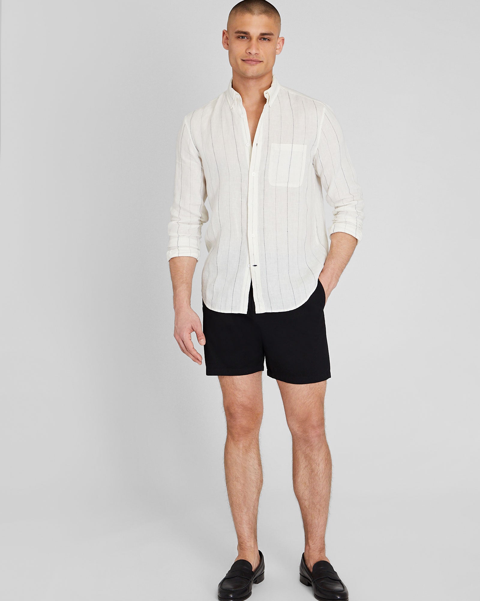 CLUB MONACO - Long Sleeve Wide Stripe Linen Shirt - Cream