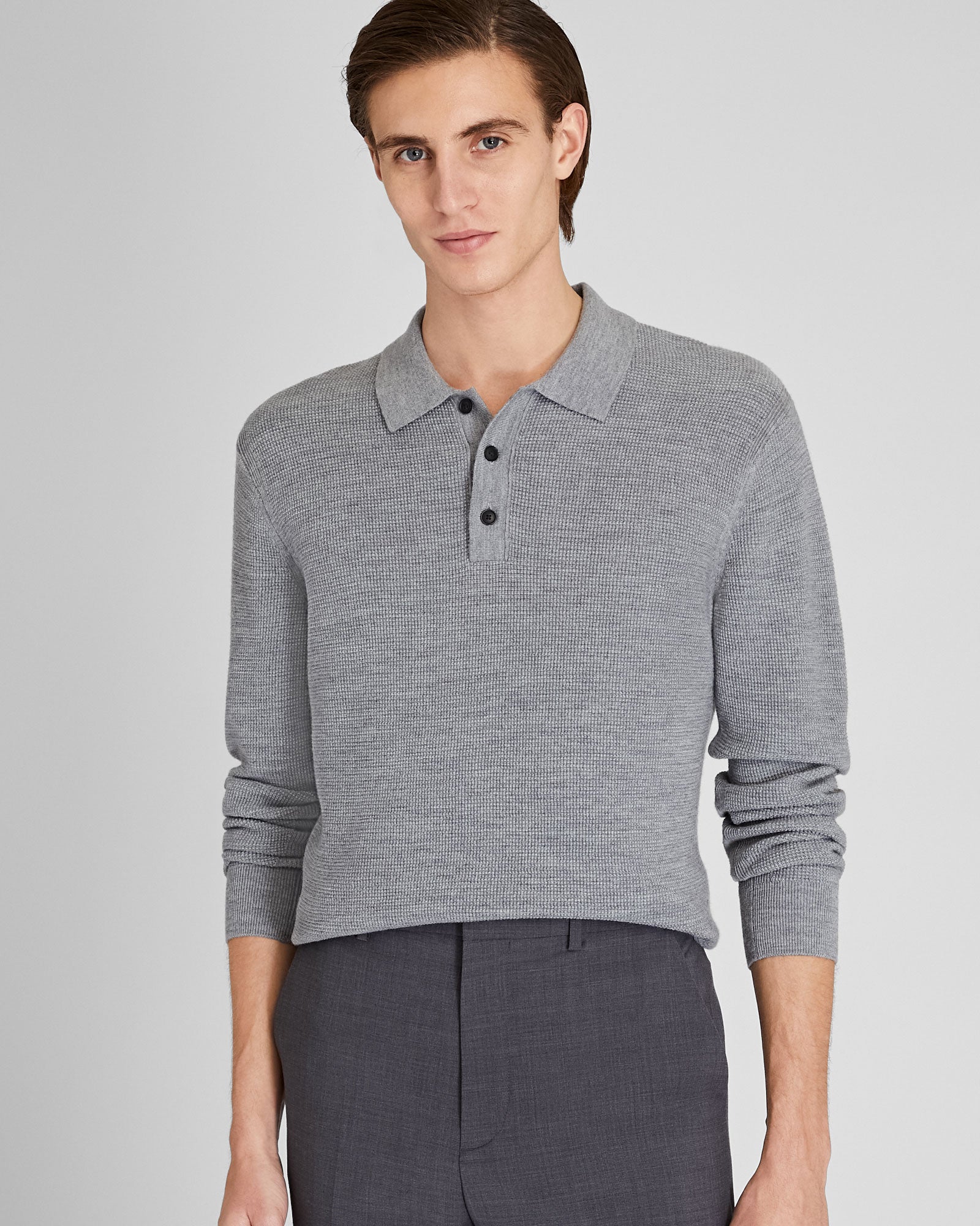 CLUB MONACO - Refined Textured Wool Polo - Medium Heather Grey