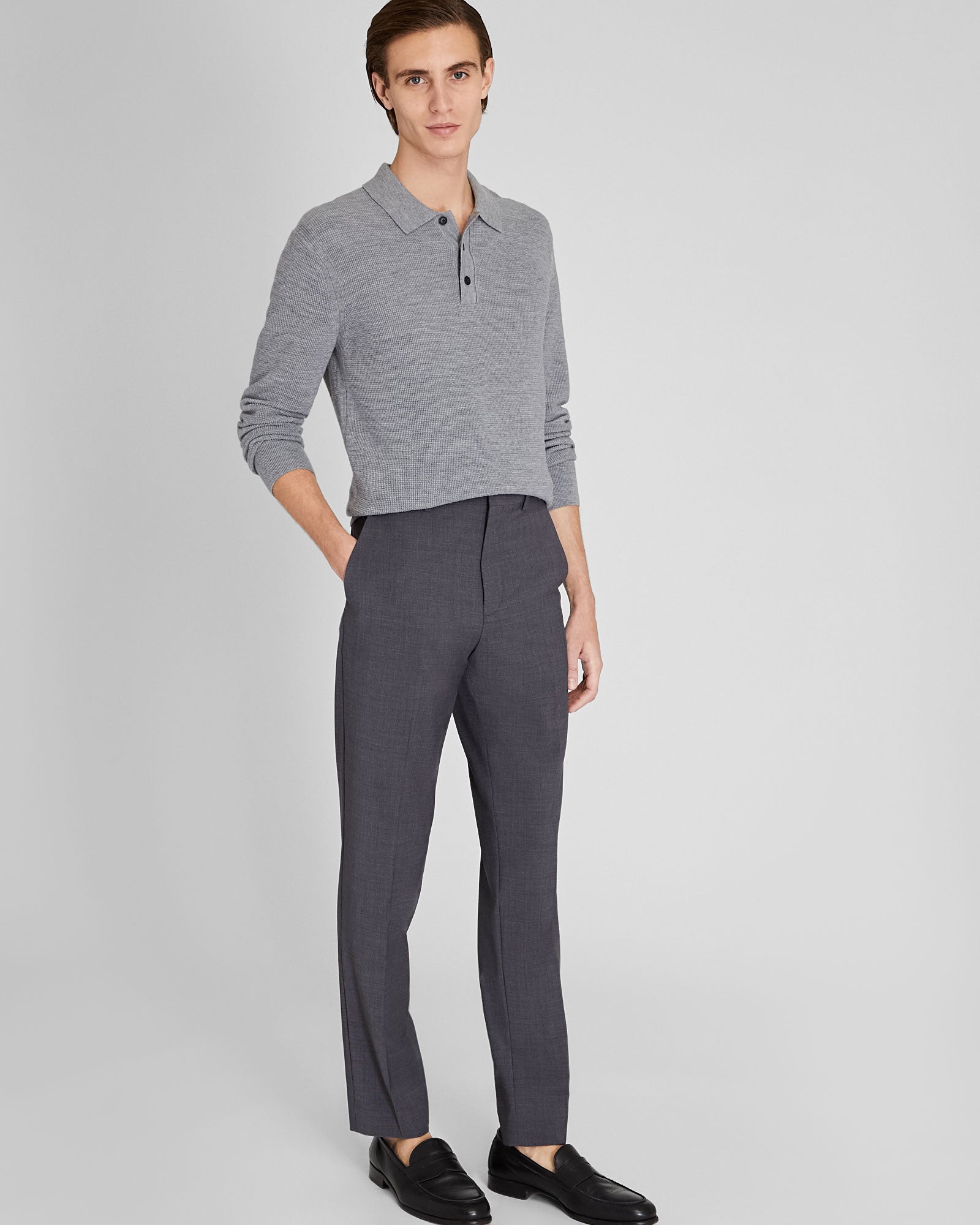 CLUB MONACO - Refined Textured Wool Polo - Medium Heather Grey