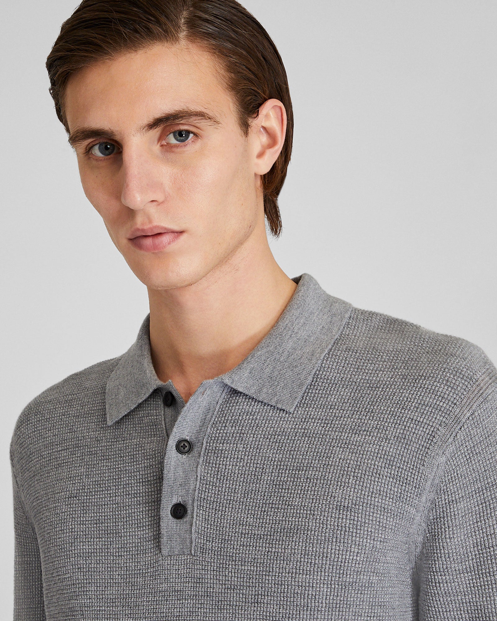 CLUB MONACO - Refined Textured Wool Polo - Medium Heather Grey
