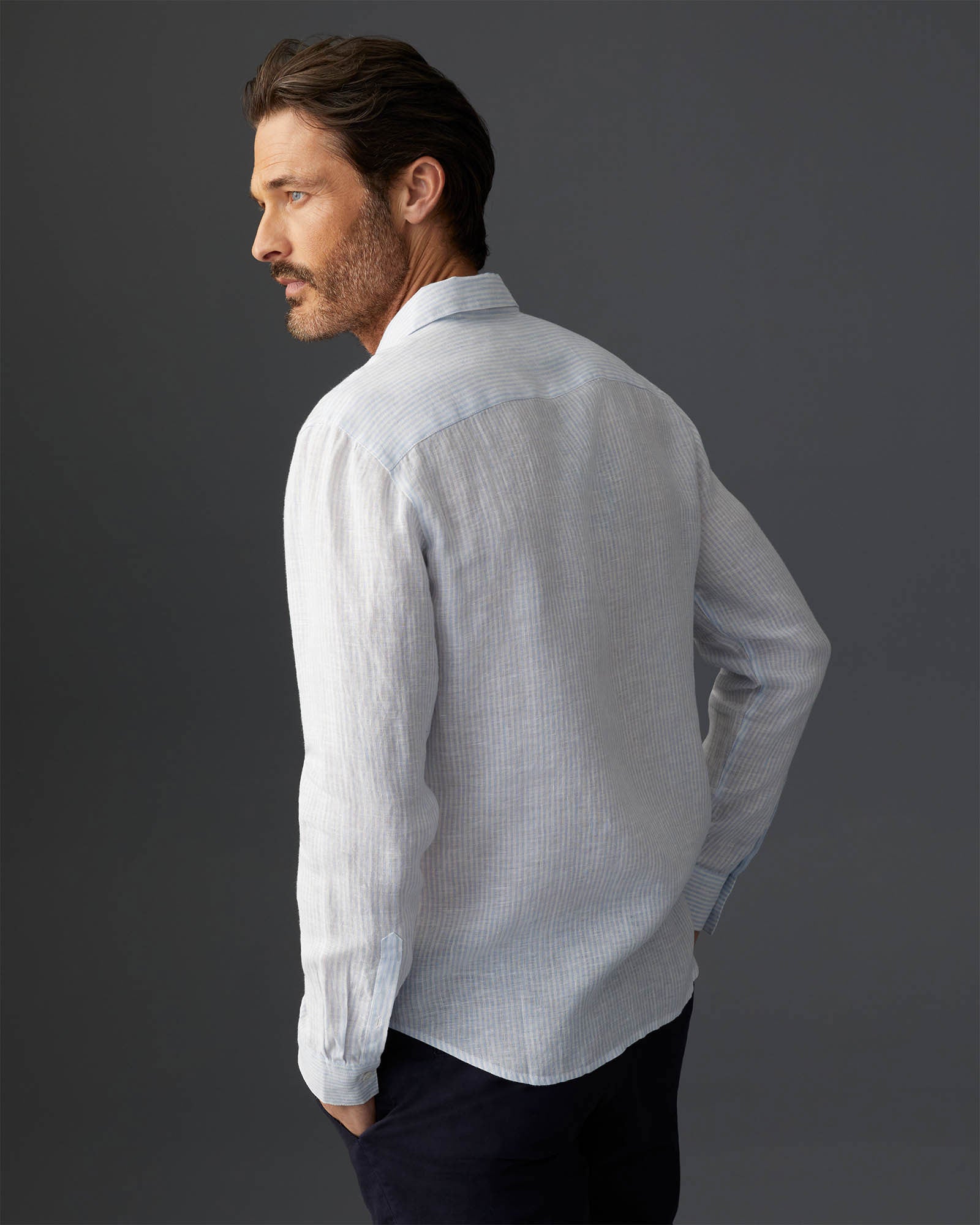 CLUB MONACO - Carlo Bassetti Italian Linen Stripe Shirt - Blue Stripe
