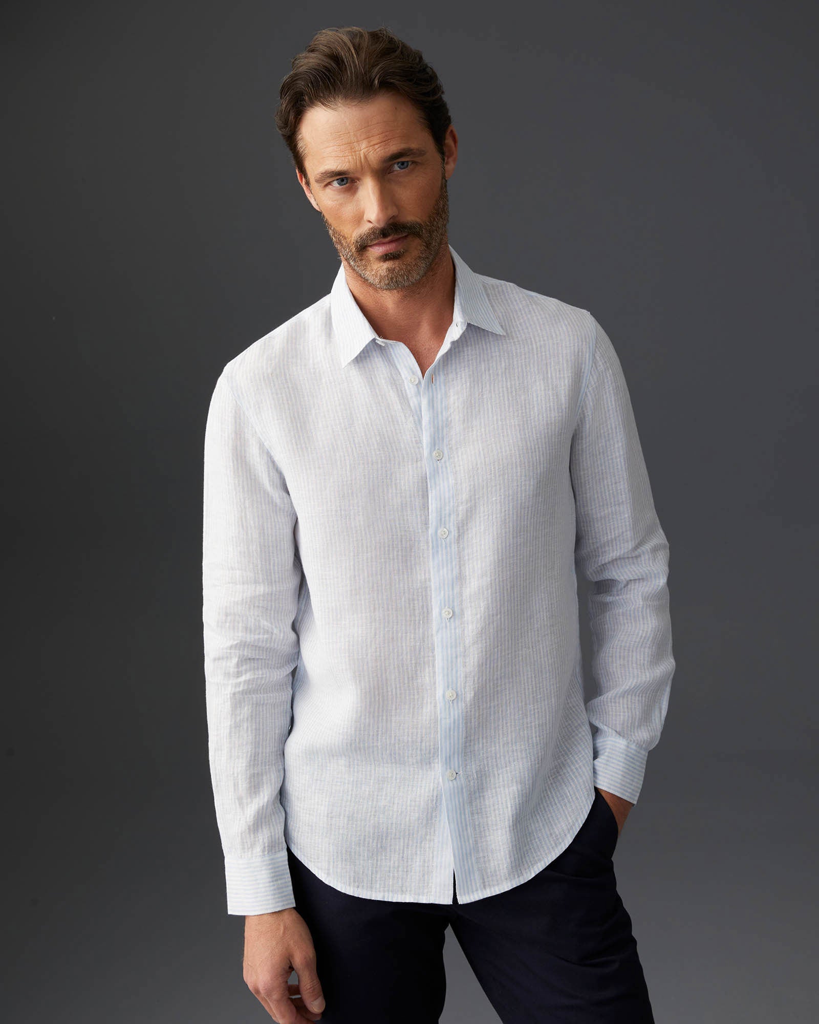 CLUB MONACO - Carlo Bassetti Italian Linen Stripe Shirt - Blue Stripe