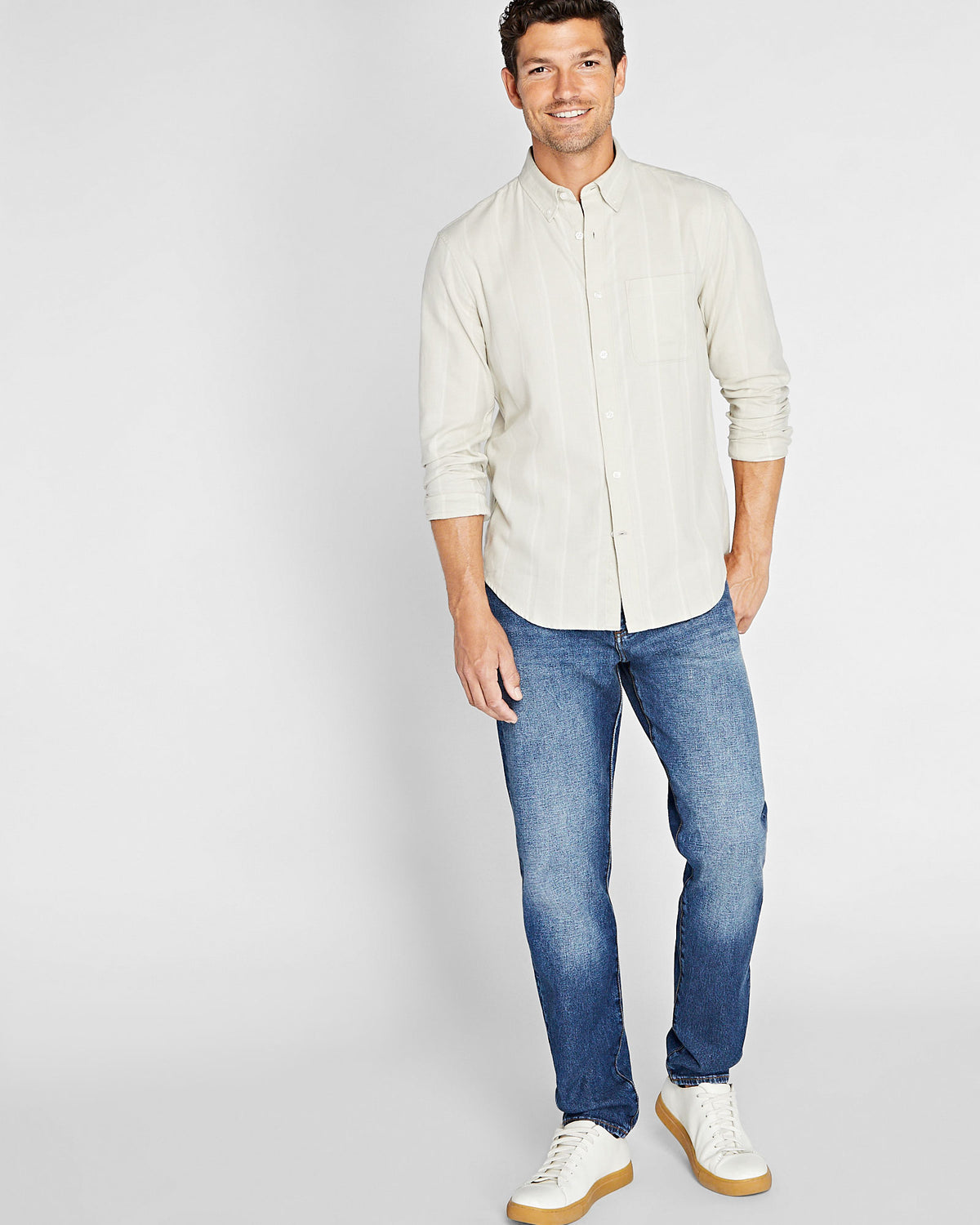 Club Monaco - Long-Sleeve Wide Stripe Flannel Shirt - Grey