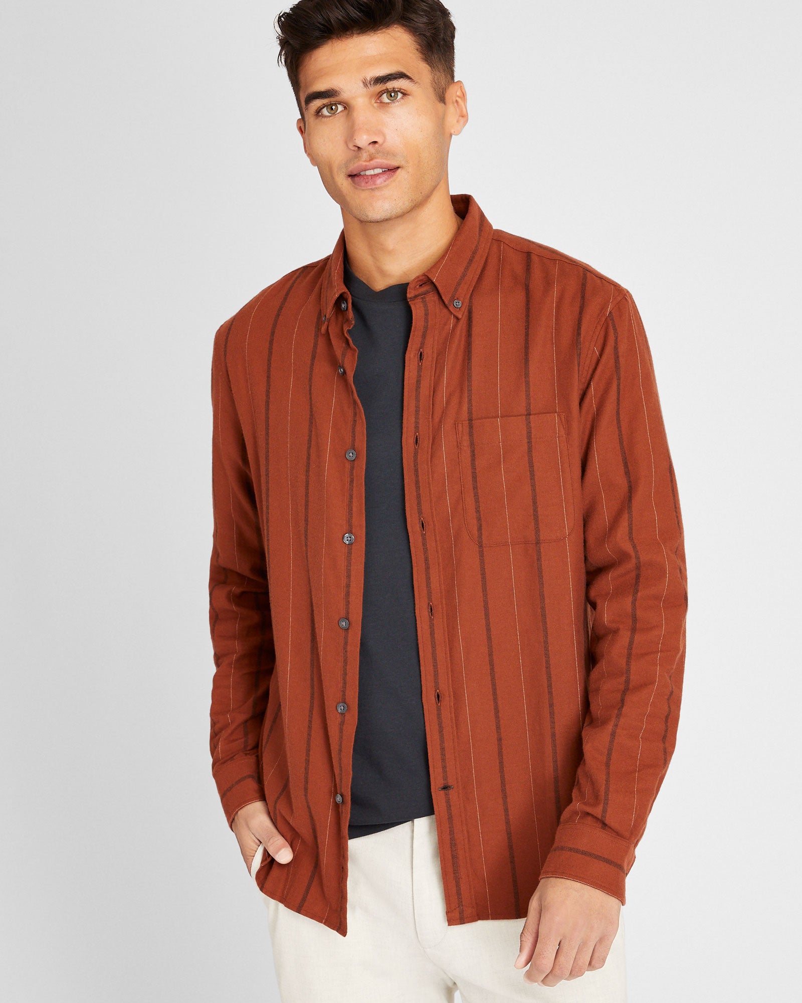 CLUB MONACO - Chemise rayée en flanelle - Orange Brûlée