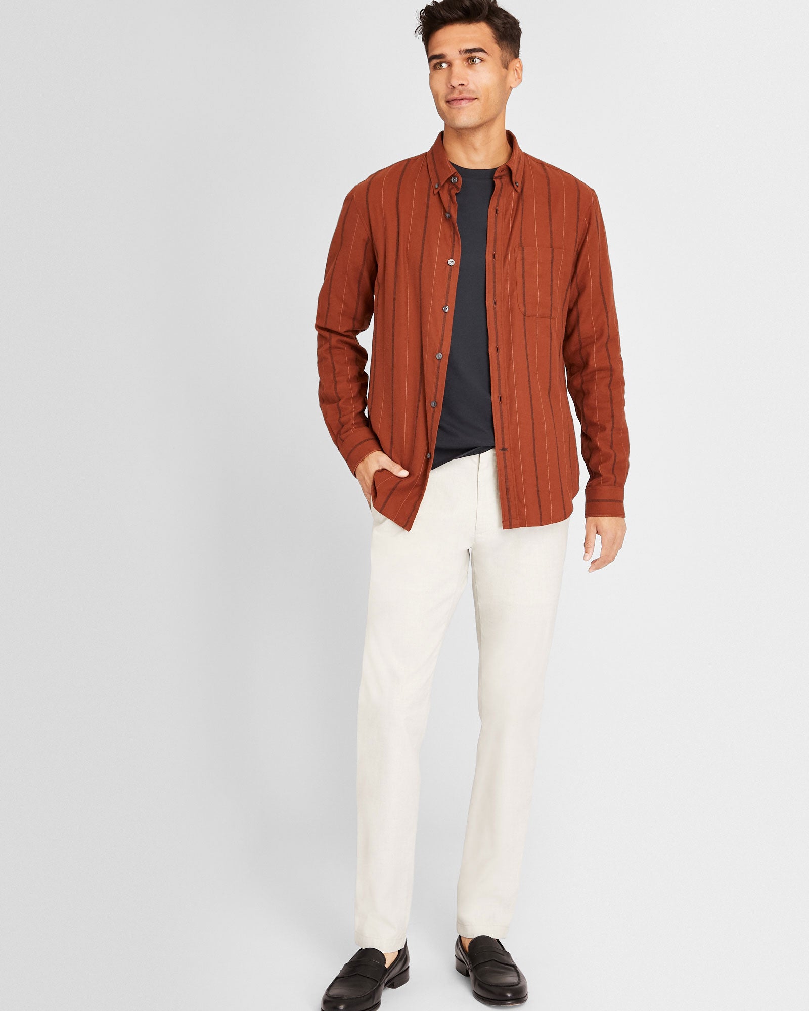 CLUB MONACO - Chemise rayée en flanelle - Orange Brûlée