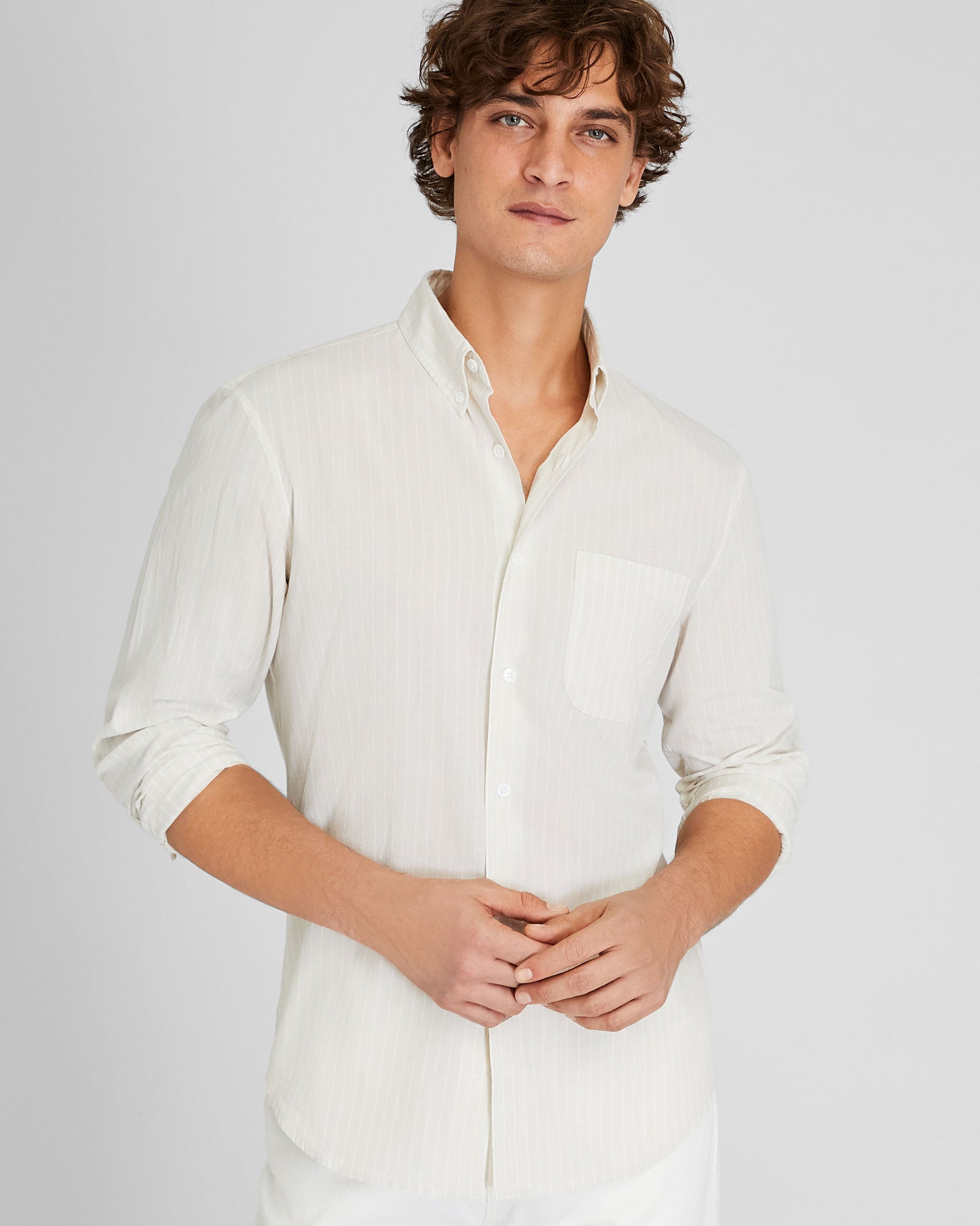 CLUB MONACO - Chemise en popeline rayée légère - Beige clair