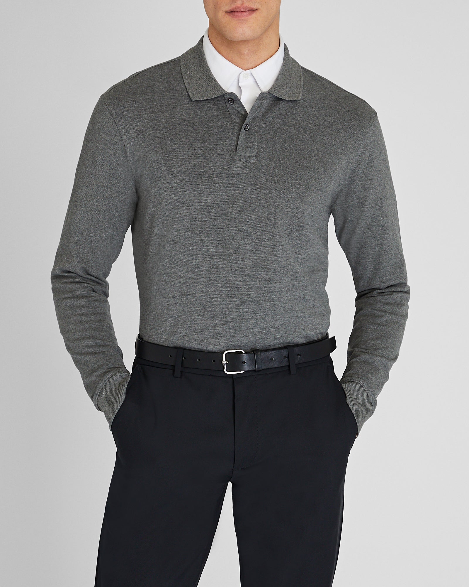 CLUB MONACO - Polo manches longues en piqué épuré - Gris Chiné