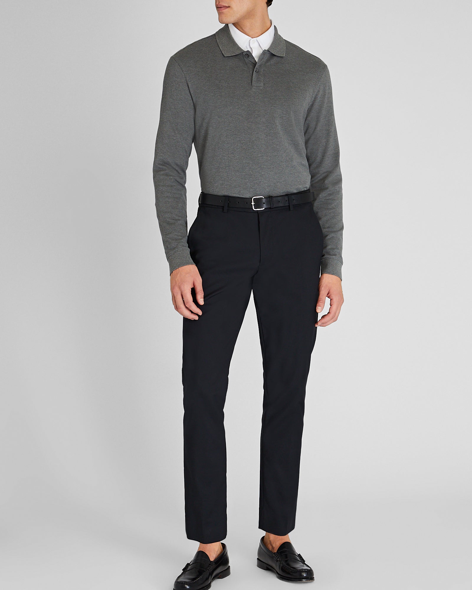 CLUB MONACO - Polo manches longues en piqué épuré - Gris Chiné