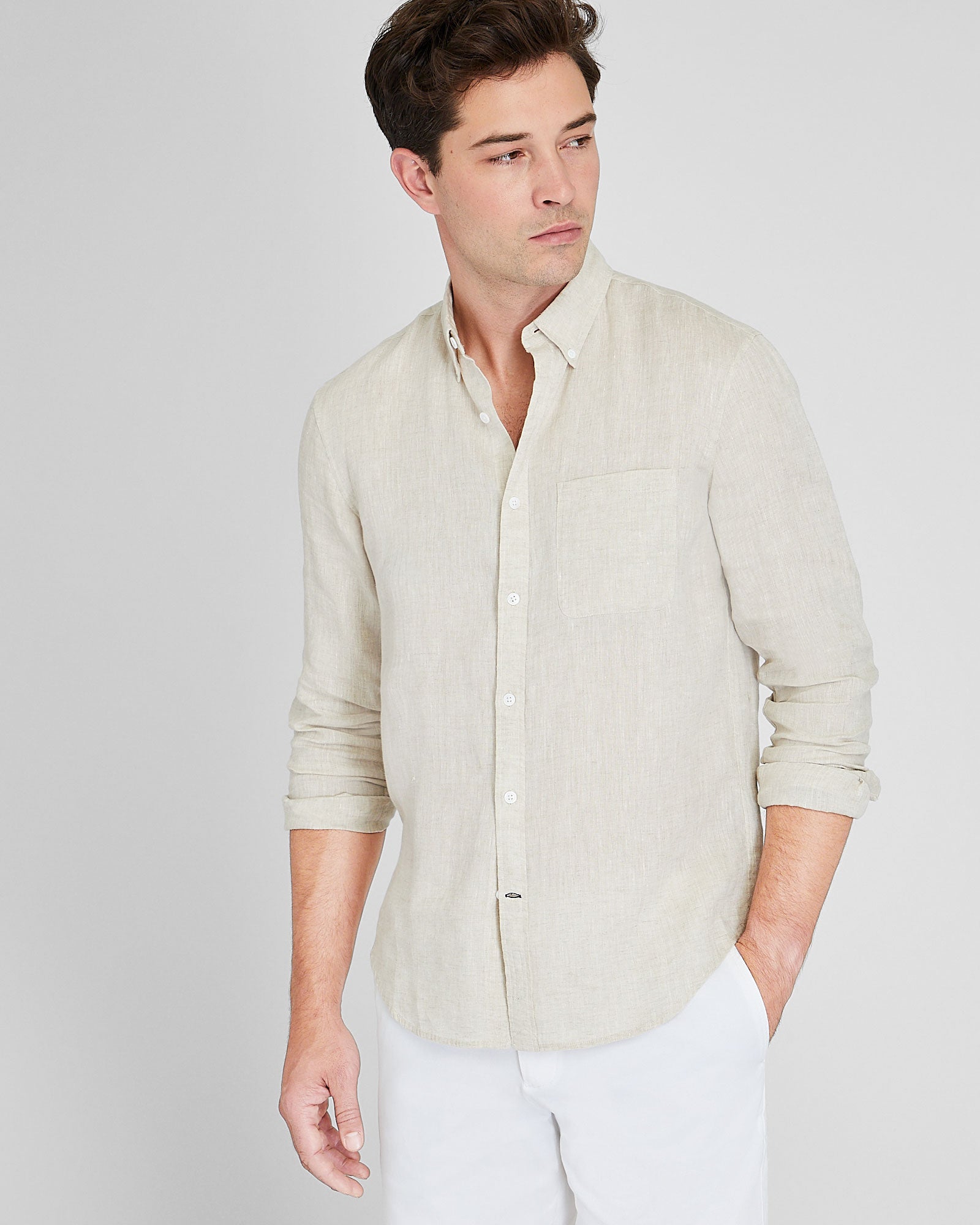 CLUB MONACO - Long Sleeve Solid Linen Shirt - Natural