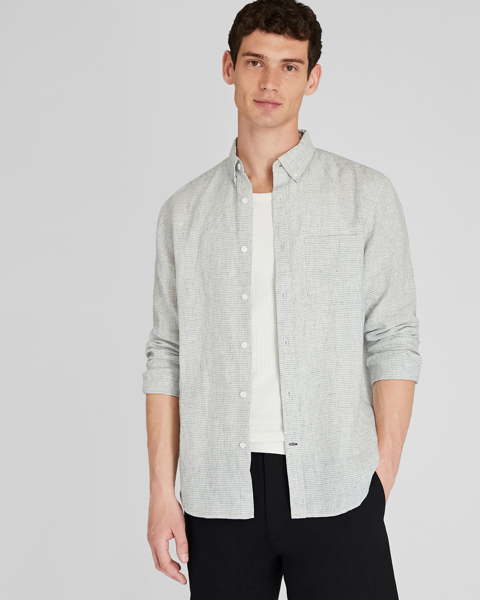 CLUB MONACO - Long-Sleeve Grid Linen Shirt - Blanc De Blanc