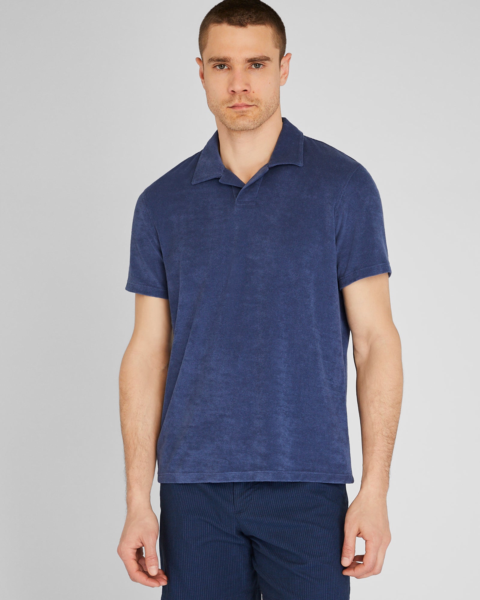 CLUB MONACO - Loop Terry Johnny Collar Polo - Bleu moyen