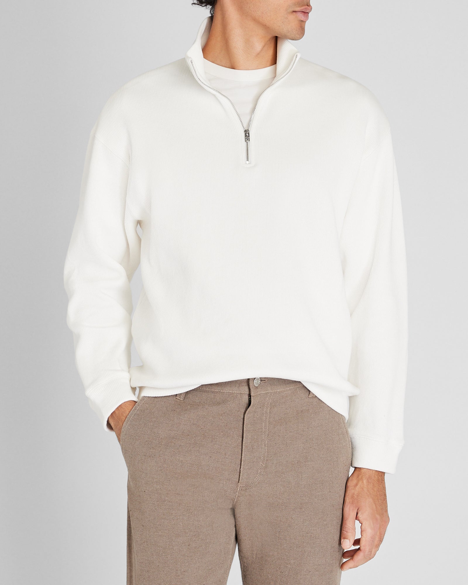 CLUB MONACO - Pull en tricot côtelé avec fermeture éclair quart de tour - Blanc Cassé