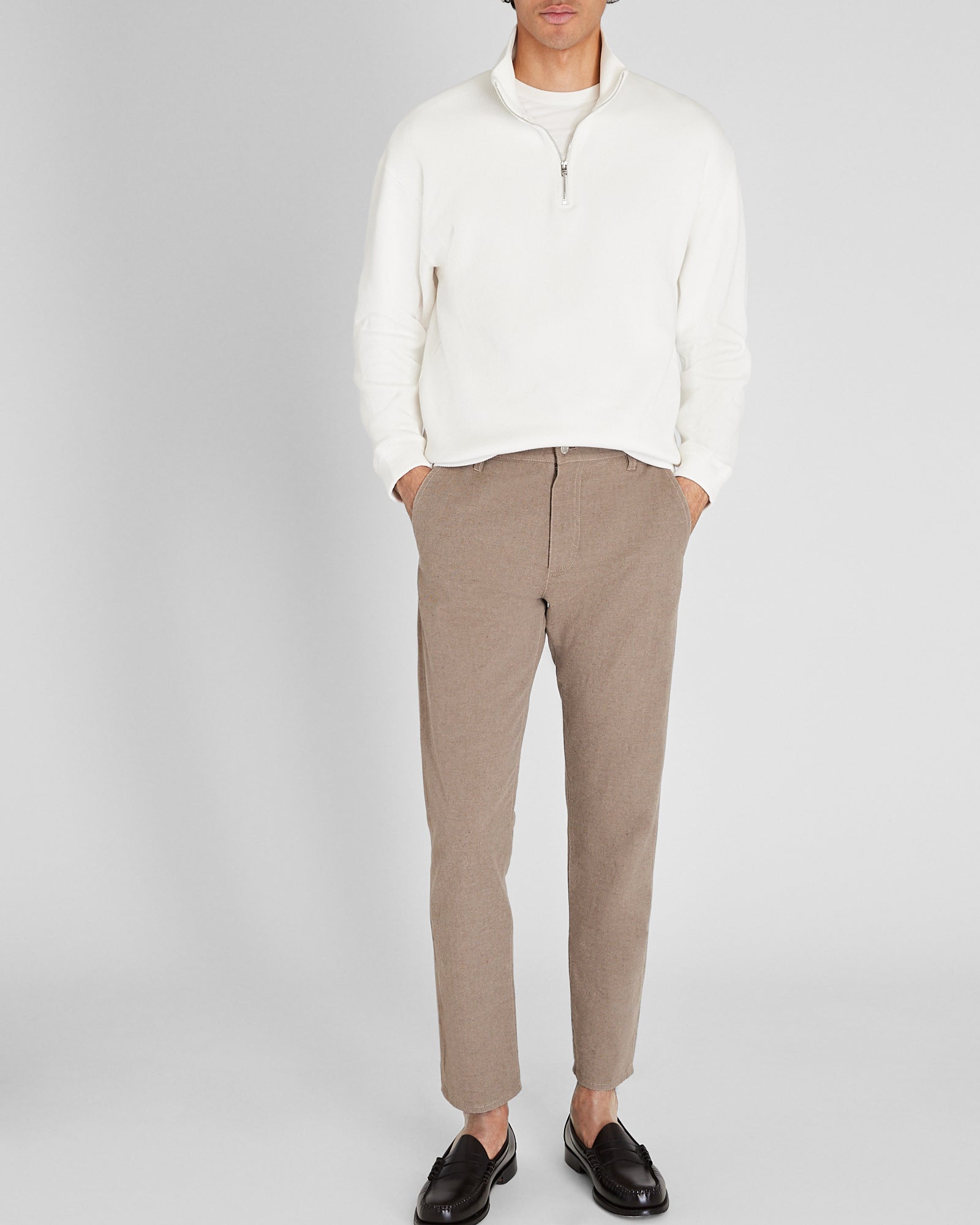 CLUB MONACO - Pull en tricot côtelé avec fermeture éclair quart de tour - Blanc Cassé