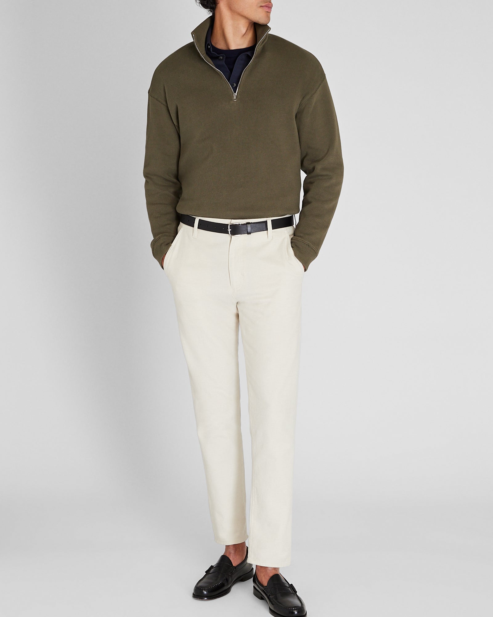 CLUB MONACO - Pull en tricot côtelé avec fermeture éclair quart de tour - Olive