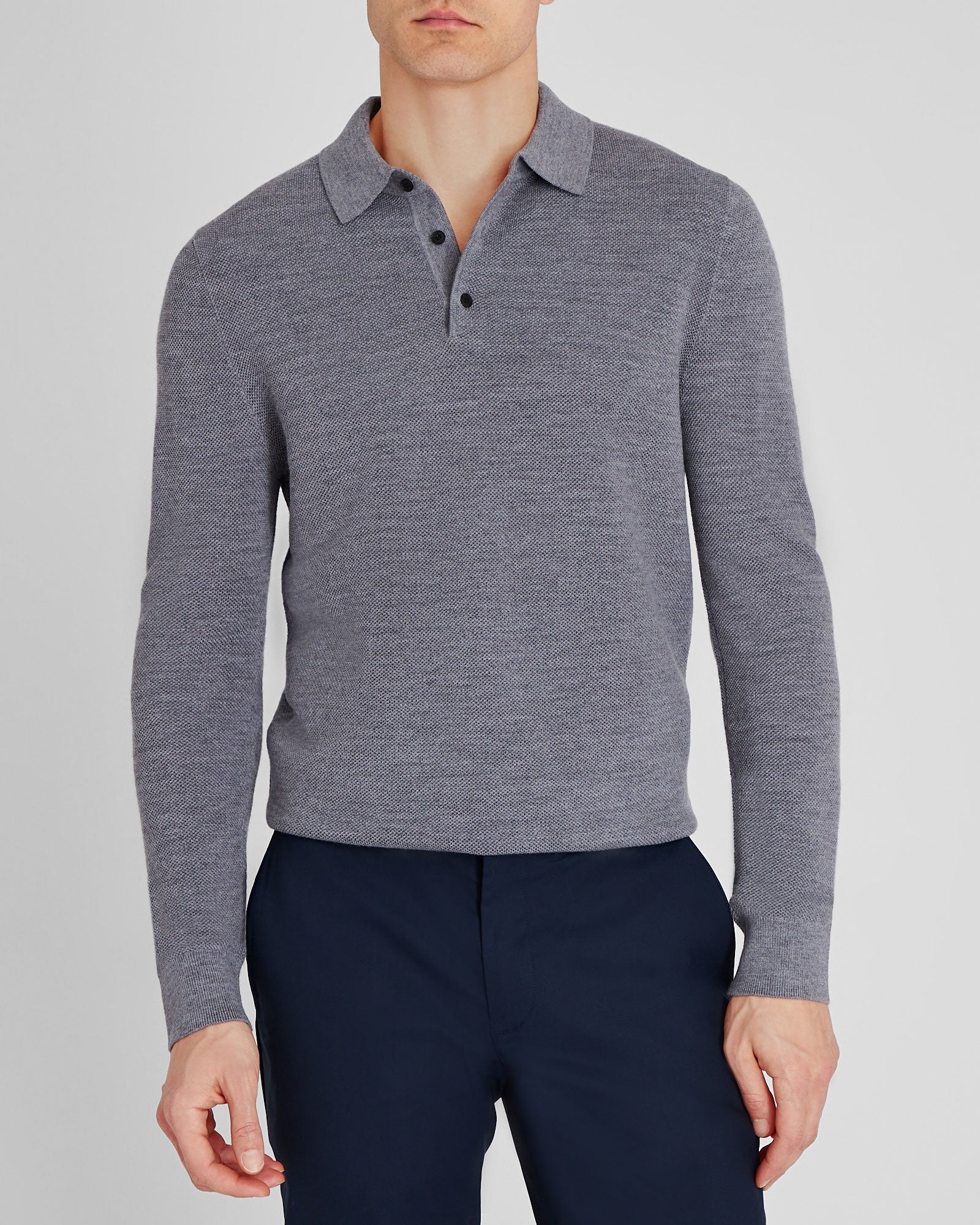 CLUB MONACO - Polo en laine à manches longues - Gris Chiné Moyen