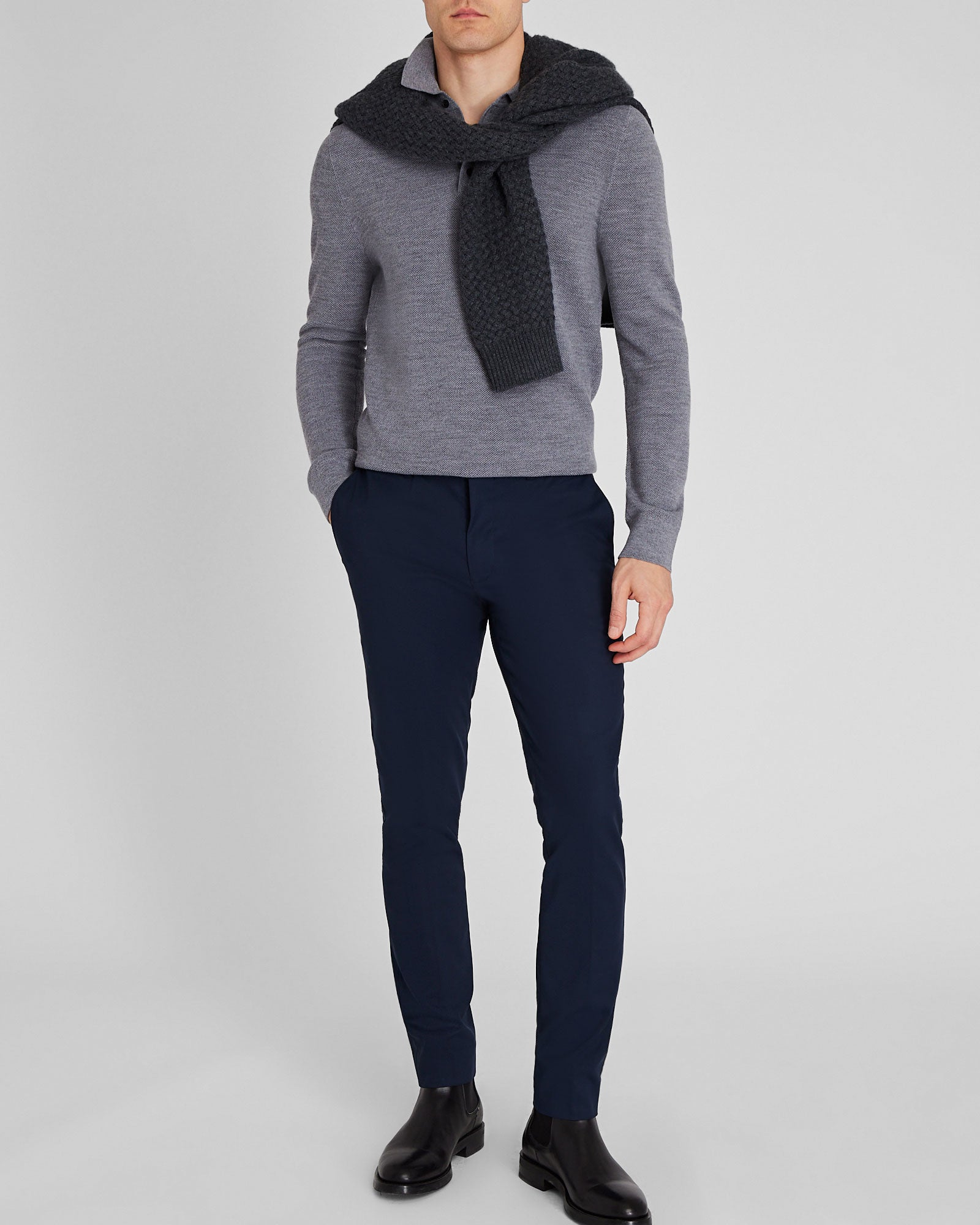 CLUB MONACO - Polo en laine à manches longues - Gris Chiné Moyen