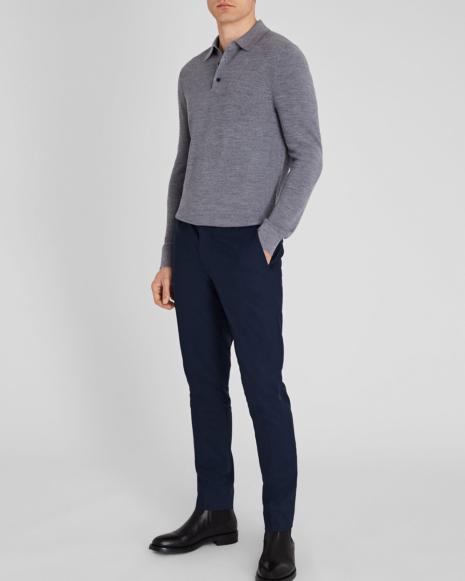 CLUB MONACO - Polo en laine à manches longues - Gris Chiné Moyen