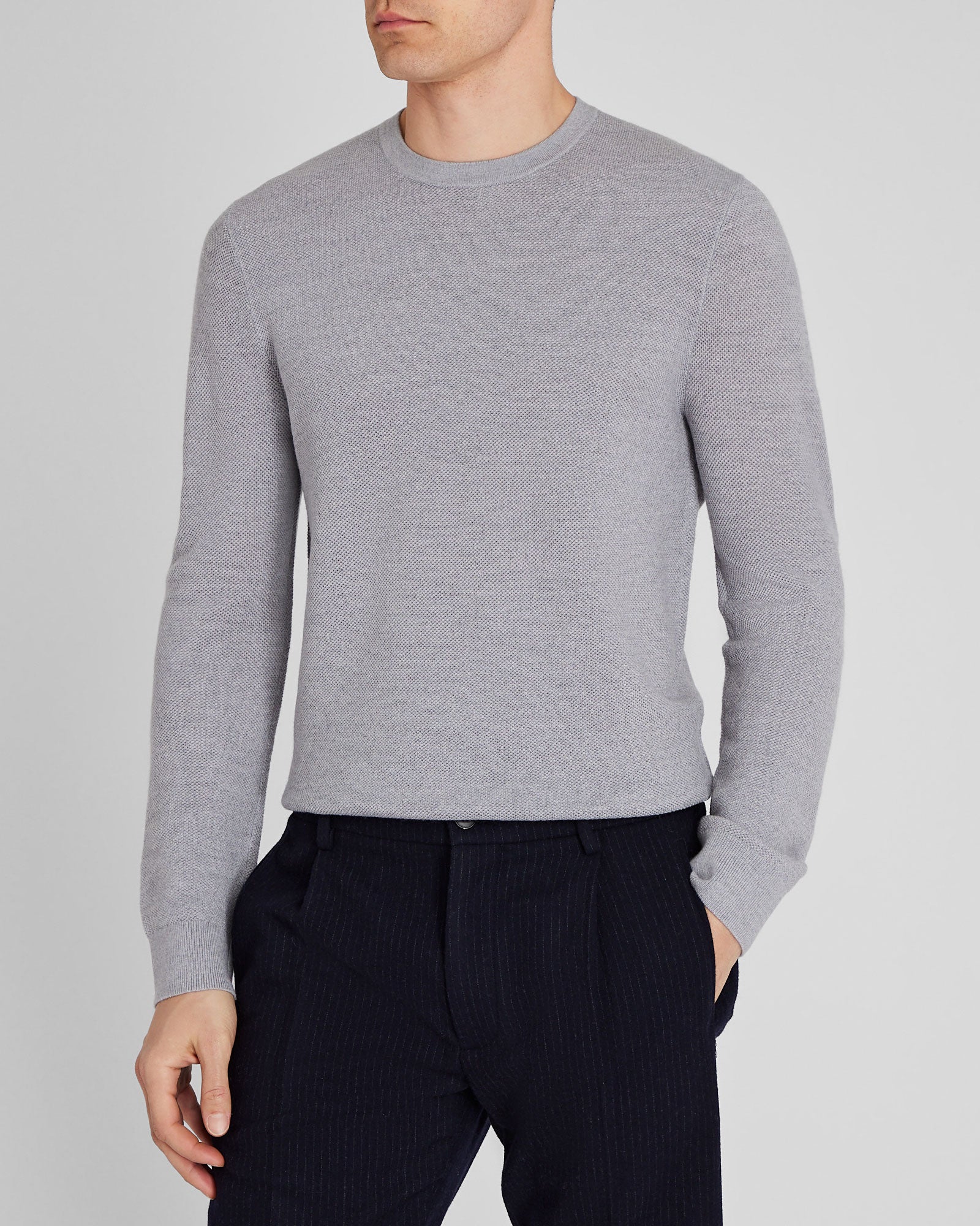 CLUB MONACO - Wool Long-Sleeve Stitch Crew - Light Heather Grey