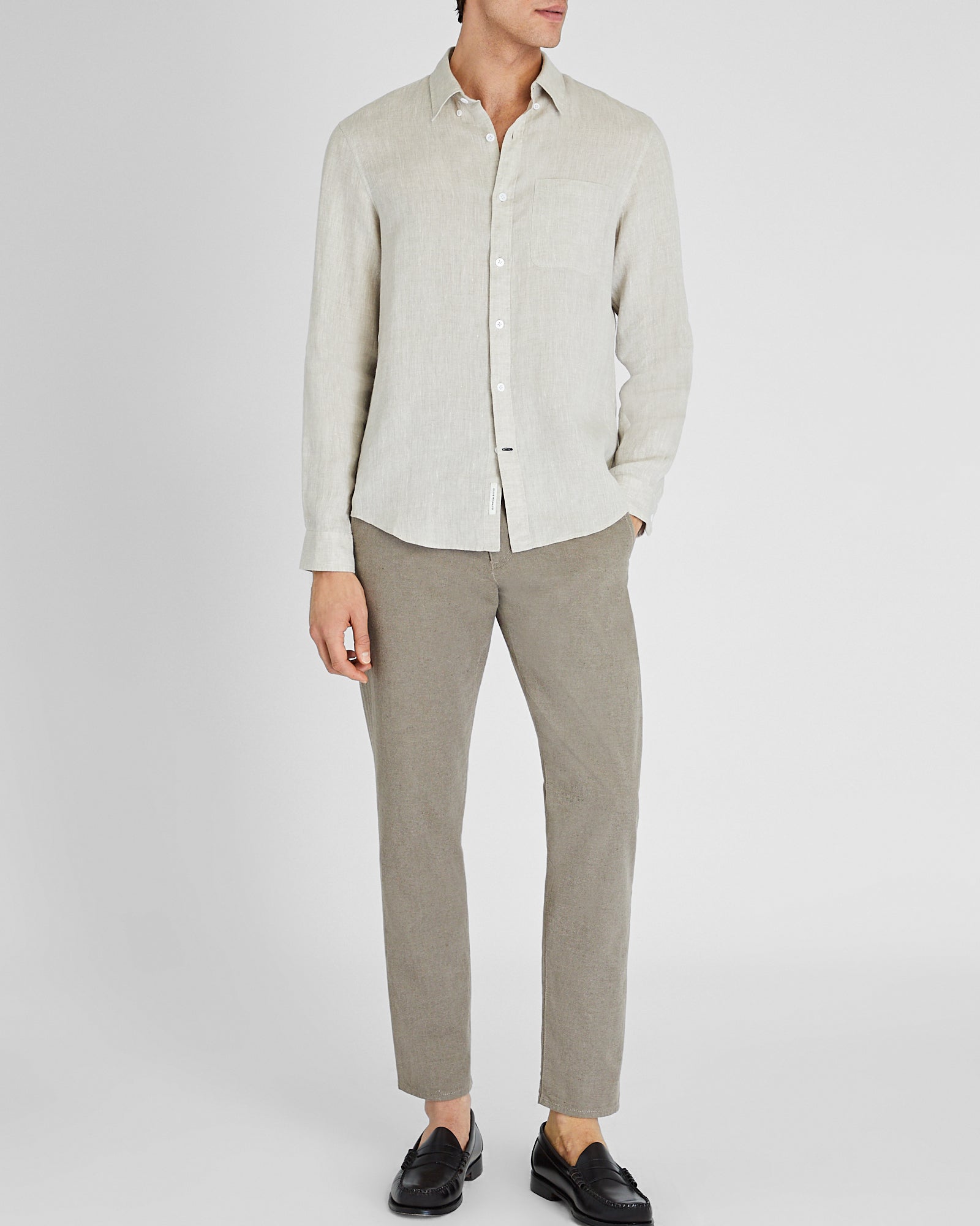 CLUB MONACO - Chemise ajustée en lin à manches longues et col boutonné - Mélange beige