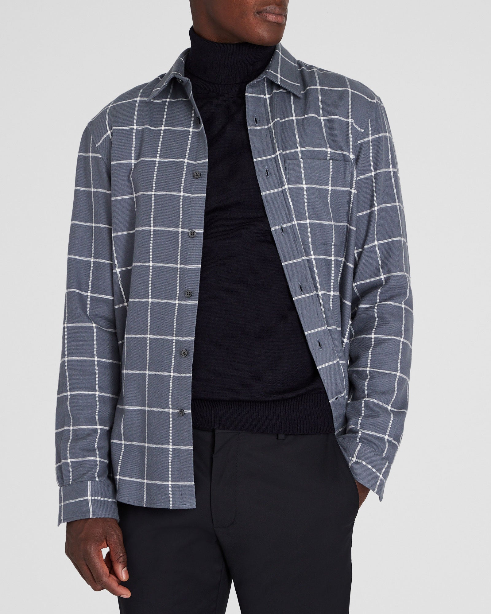 CLUB MONACO - Windowpane Lightweight Flannel Shirt - Grey