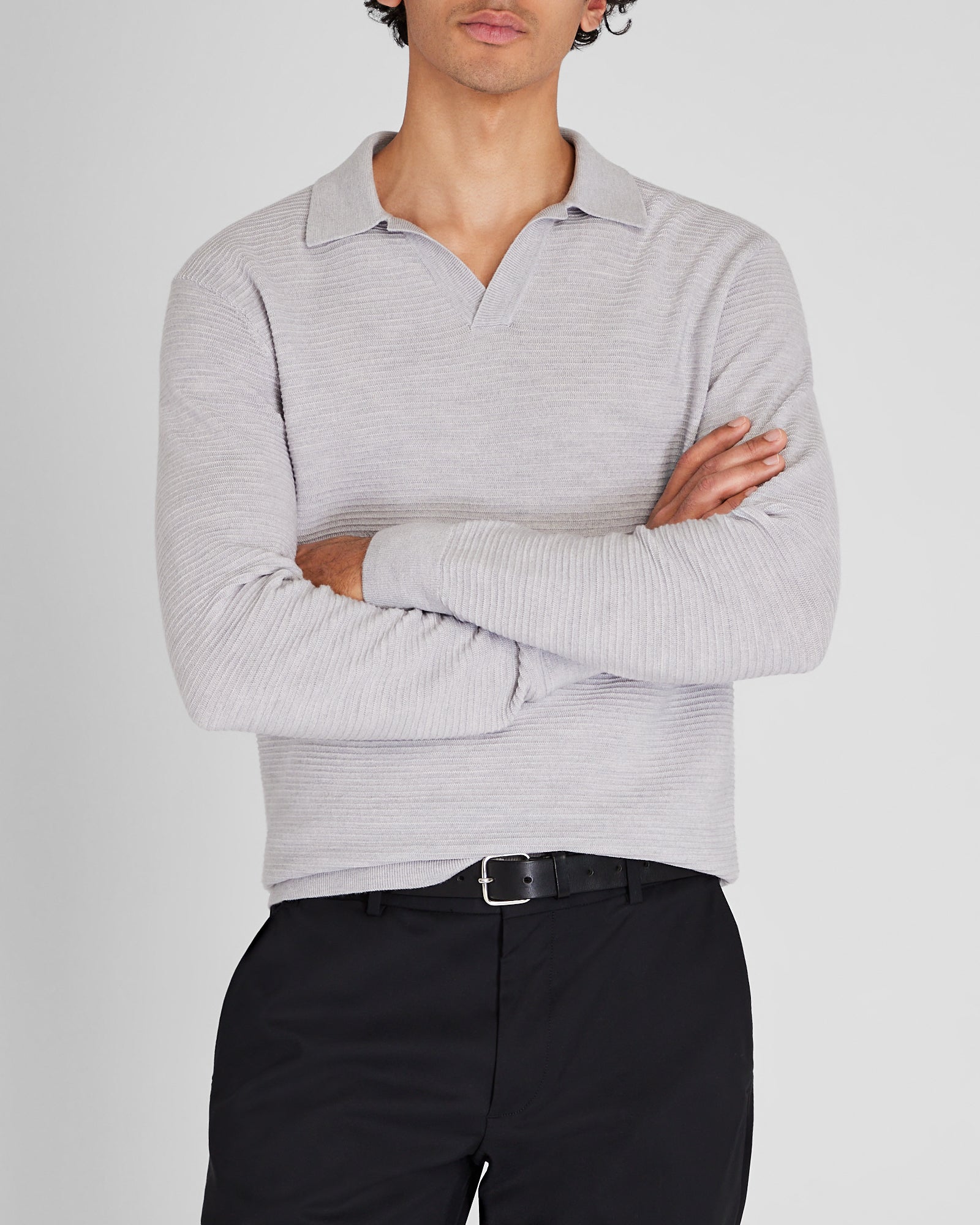 CLUB MONACO - Polo texturé raffiné à manches longues - Mélange de gris clair