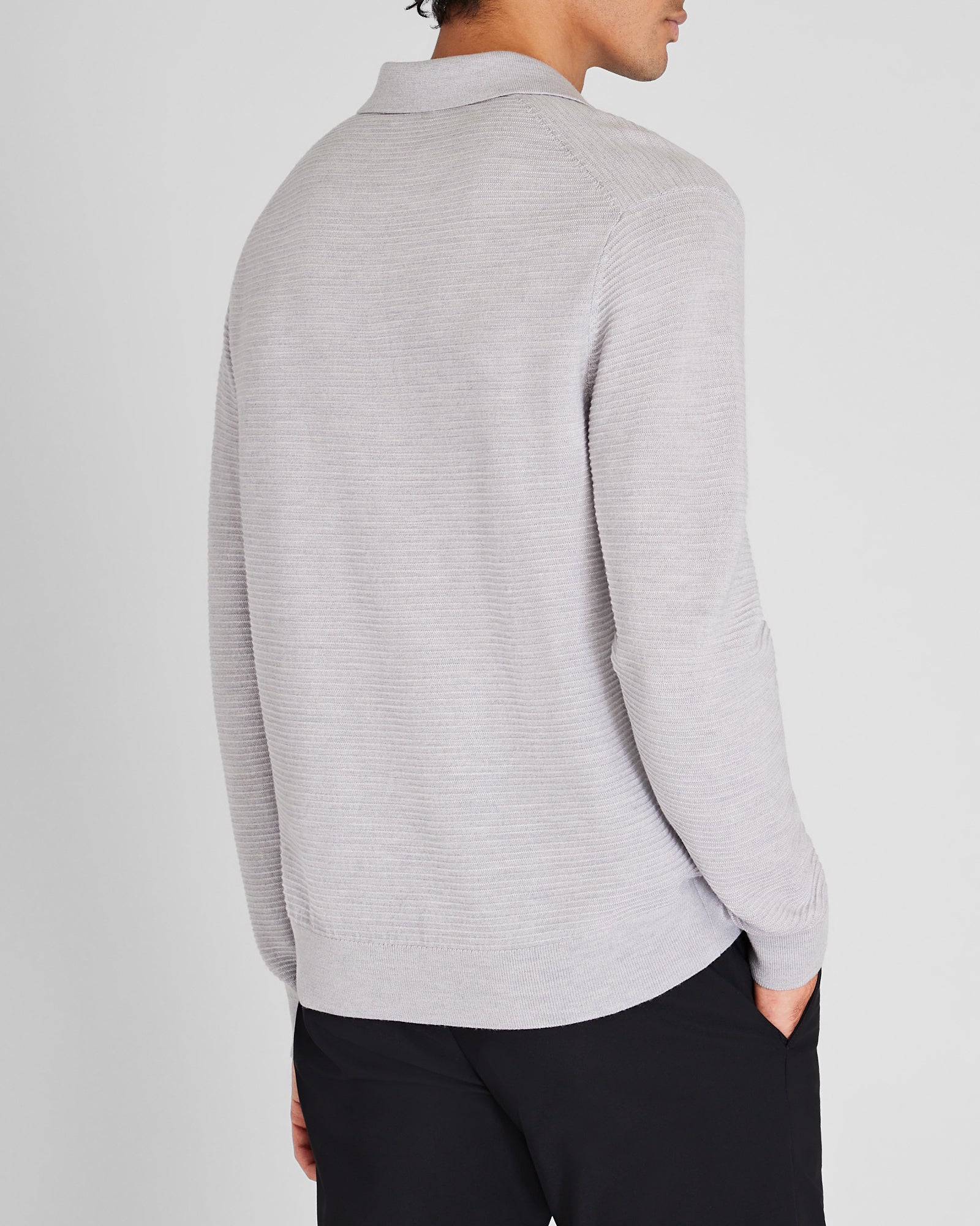 CLUB MONACO - Long-Sleeve Textured Johnny Collar Polo - Light Grey Mix