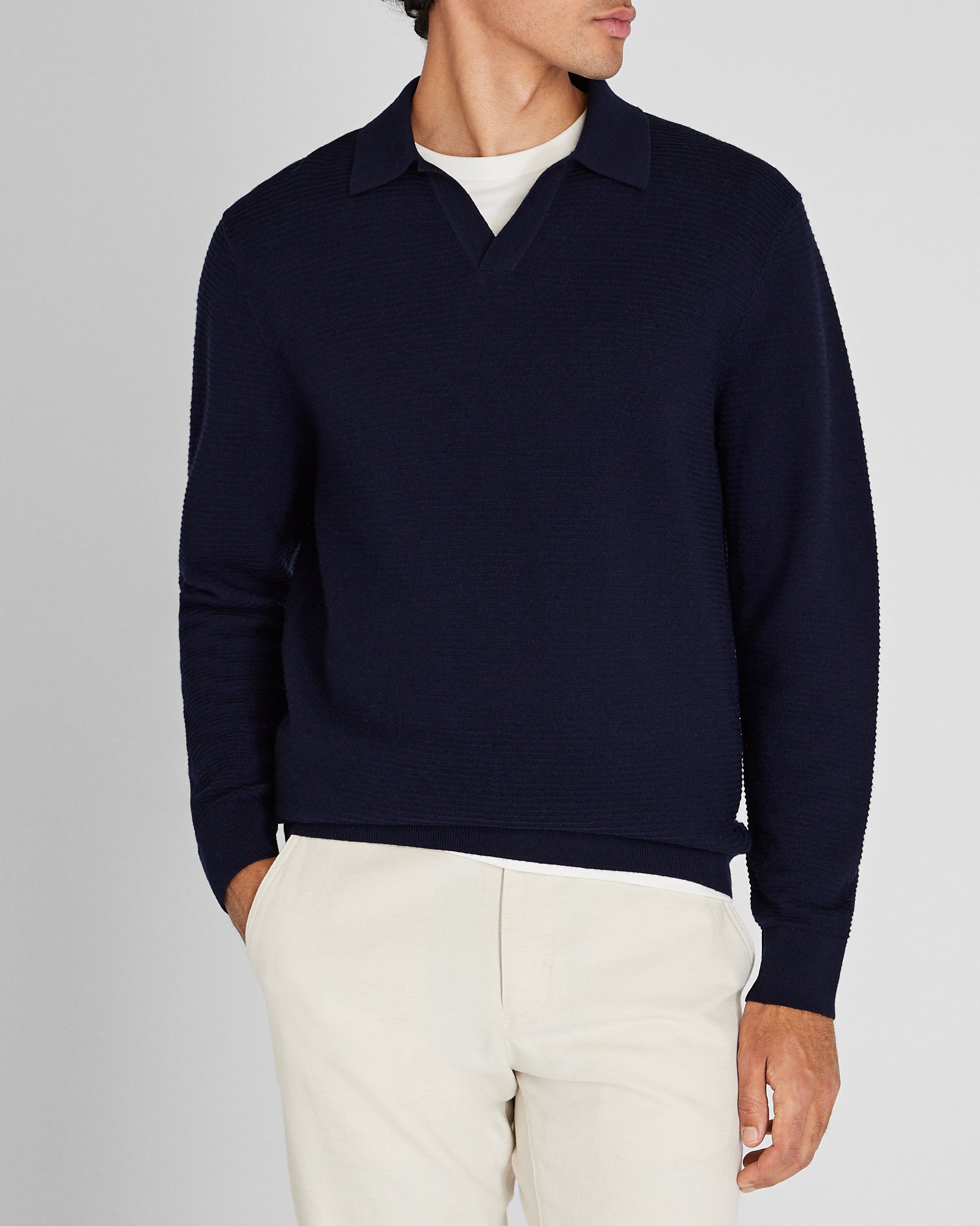CLUB MONACO - Long-Sleeve Textured Johnny Collar Polo - Navy